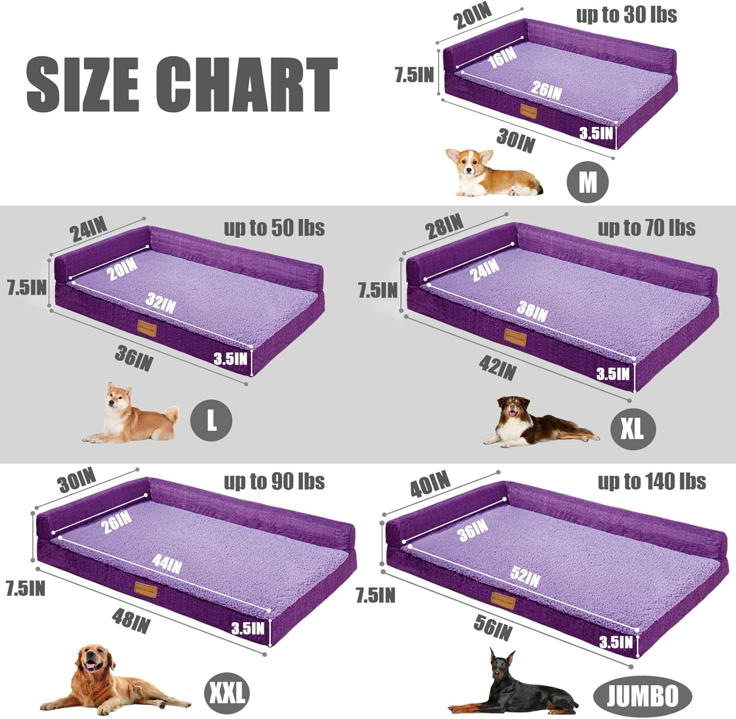 Patas Lague Orthopedic Dog Bed for Medium Dogs 76X51Cm, Waterproof L Shaped Medium Dog Sofa Beds with Removable Washable Cover, Soft Pet Couch Bed Mat with Nonskid Bottom, Purple image number 5