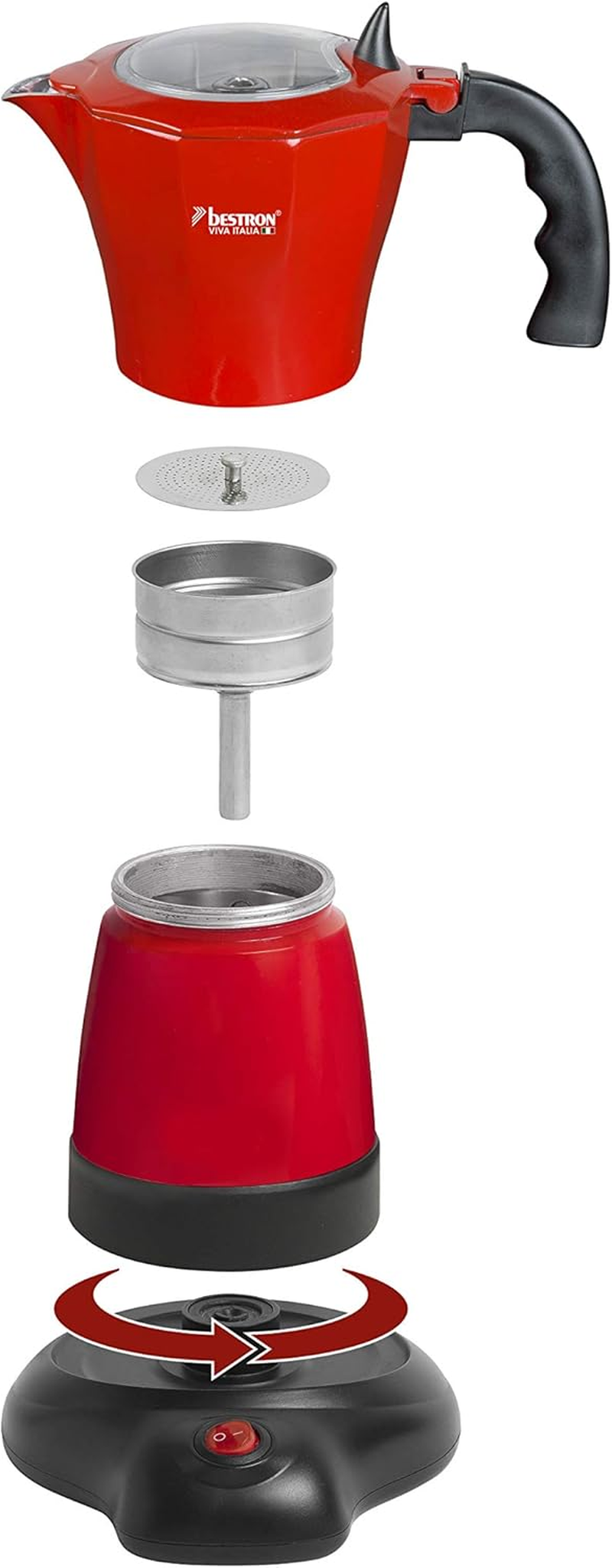 Bestron Viva Italia Electric Espresso Maker with Base, Holds 6 Espresso Cups: 180 Ml, 480 Watt, Aluminium, Red image number 5