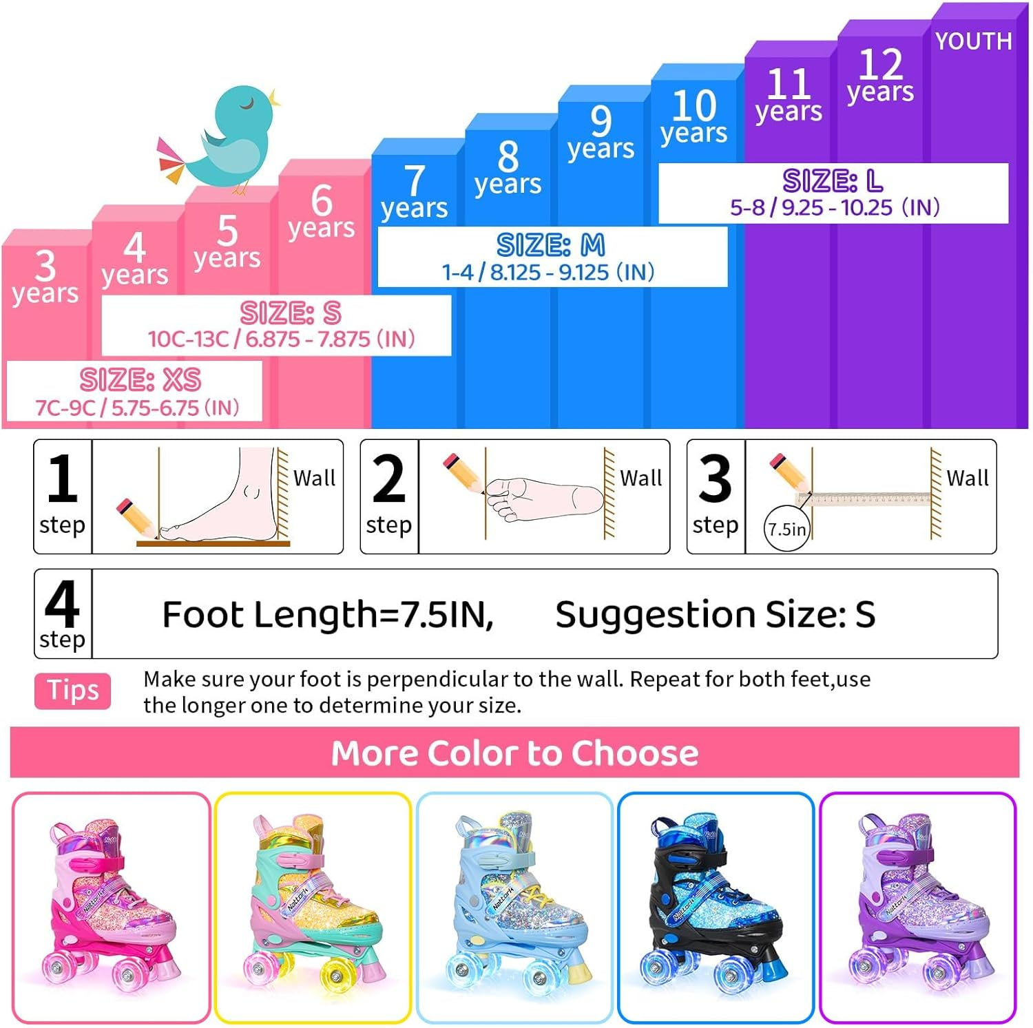 Nattork Kids Roller Skates for Girls Kids, 4 Sizes Adjustable Girls Roller Skates for Ages 3-12 with Light up Wheels & Safety Protection - Cool Indoor Outdoor Sports image number 6
