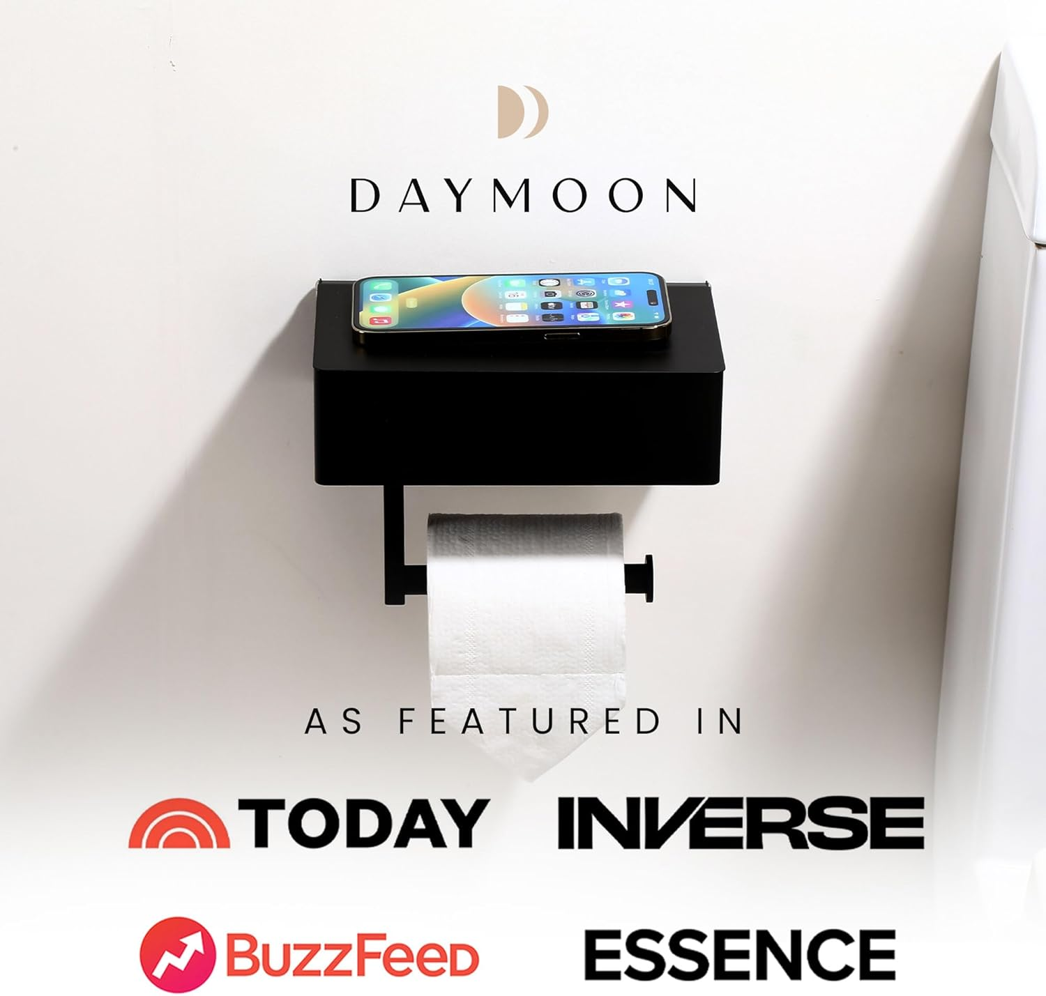 Day Moon Designs Toilet Paper Holder with Shelf - Flushable Wipes Dispenser & Storage Fits Any Bathroom, Keep Your Wet Wipes Hidden - Stainless Steel Wall Mount Bathroom Organizer - Matte Black, Large image number 7