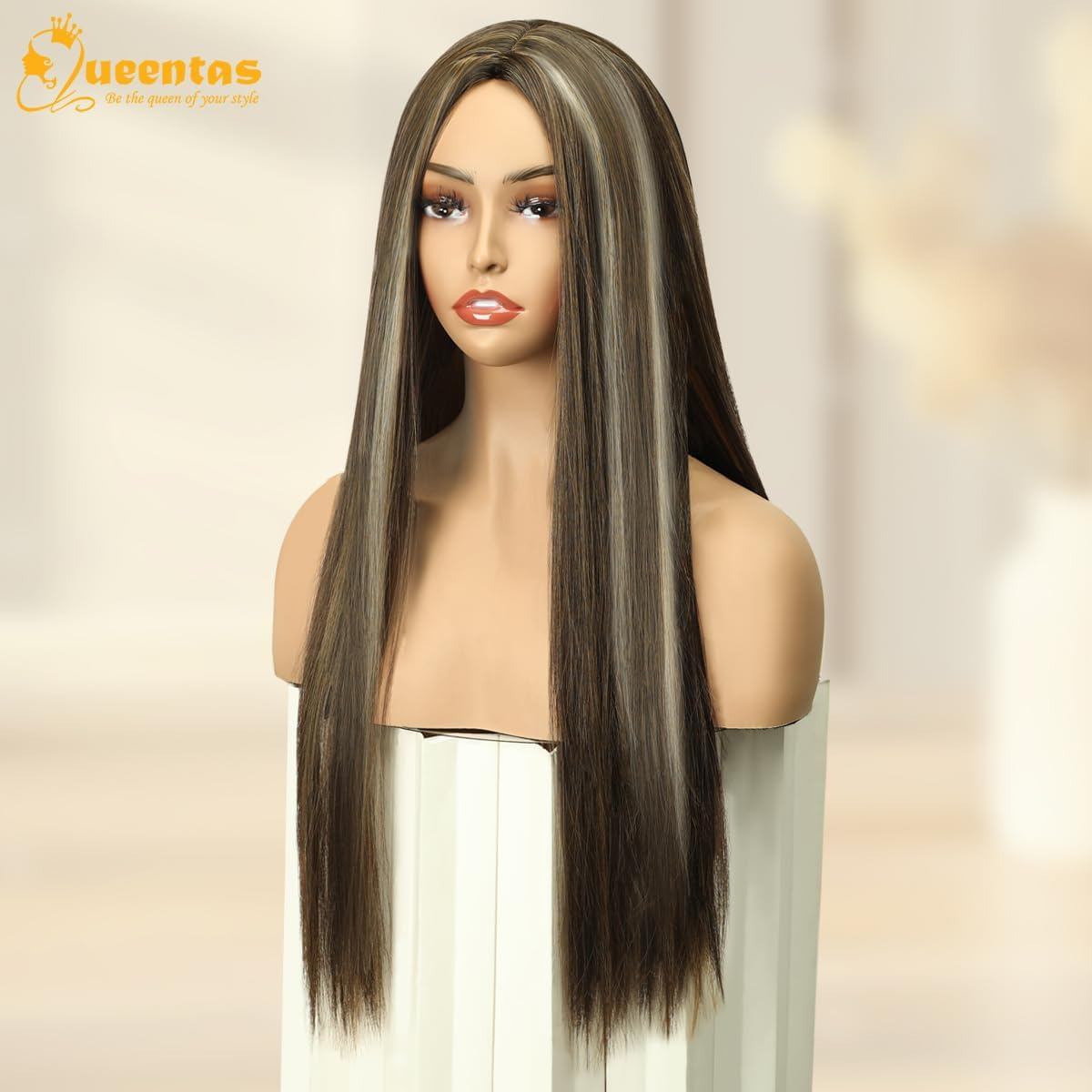 BECUS 24 Inch Long Golden Brown Wigs for Women Highlight Balayage Synthetic Straight Hair Wig for Daily Wear or Cosplay image number 1