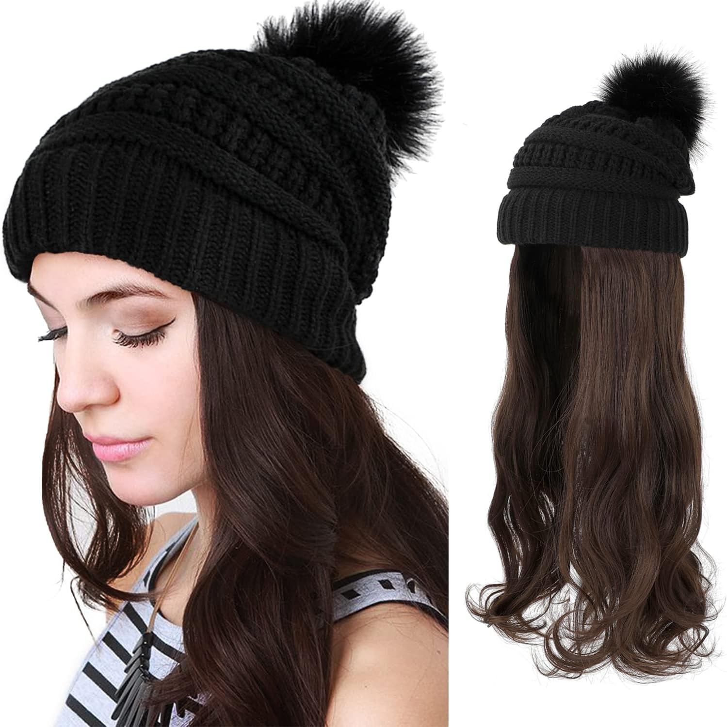 Aynnqueen Beanie with Hair Attached for Women Slouchy Cable Hat Wig Knit Beanie Winter Hat with 20" Removable Hair Extensions image number 3