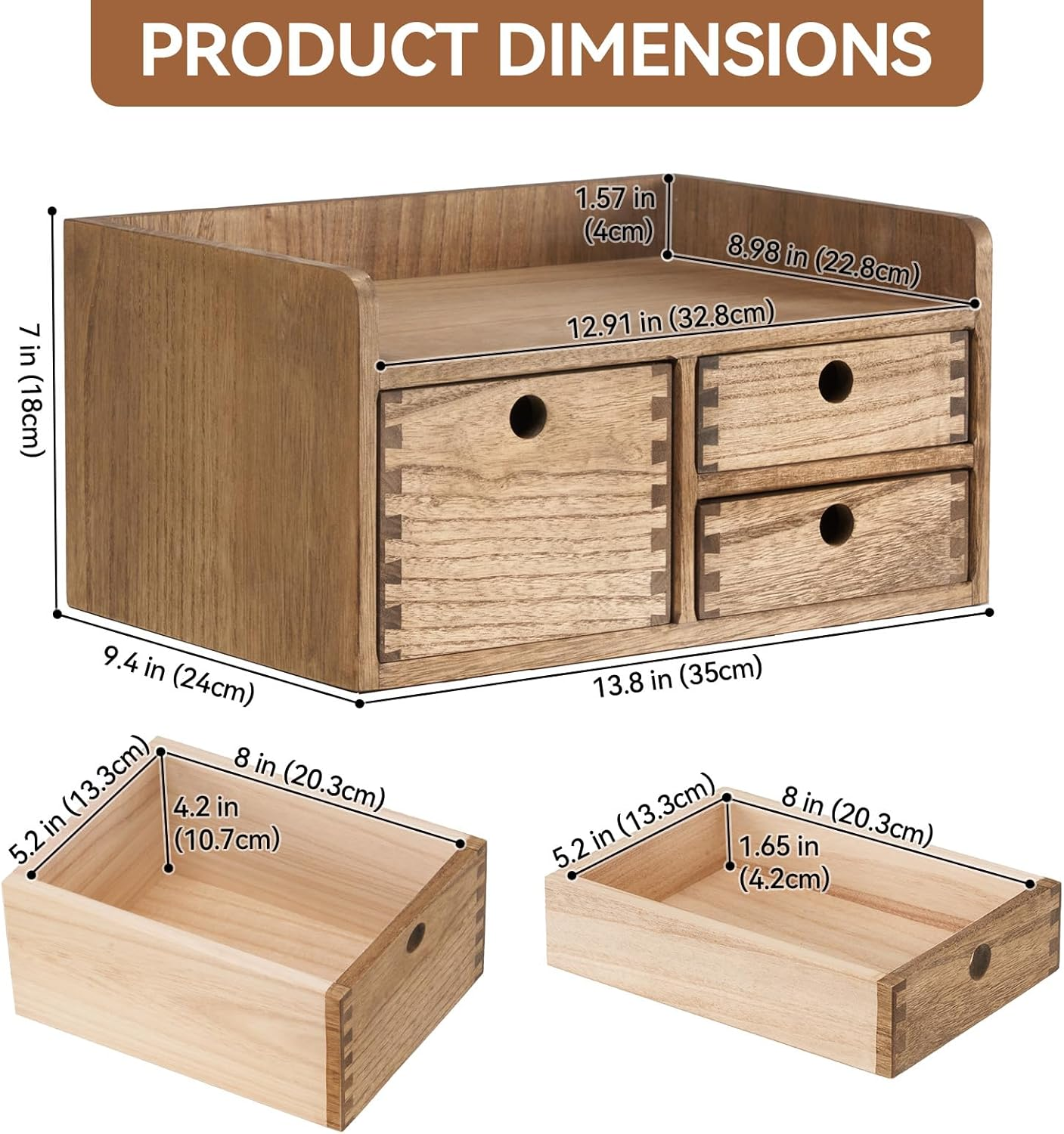 KIRIGEN Desk Organizer with 3 Drawers - Wood Drawer Storage Box with Trays for Tabletop - Workspace Office Toiletries Supplies Tool Caddy - Wooden Storage Cabinet1 Layer Dark Brown（Dt1D3C-Dbr） image number 5