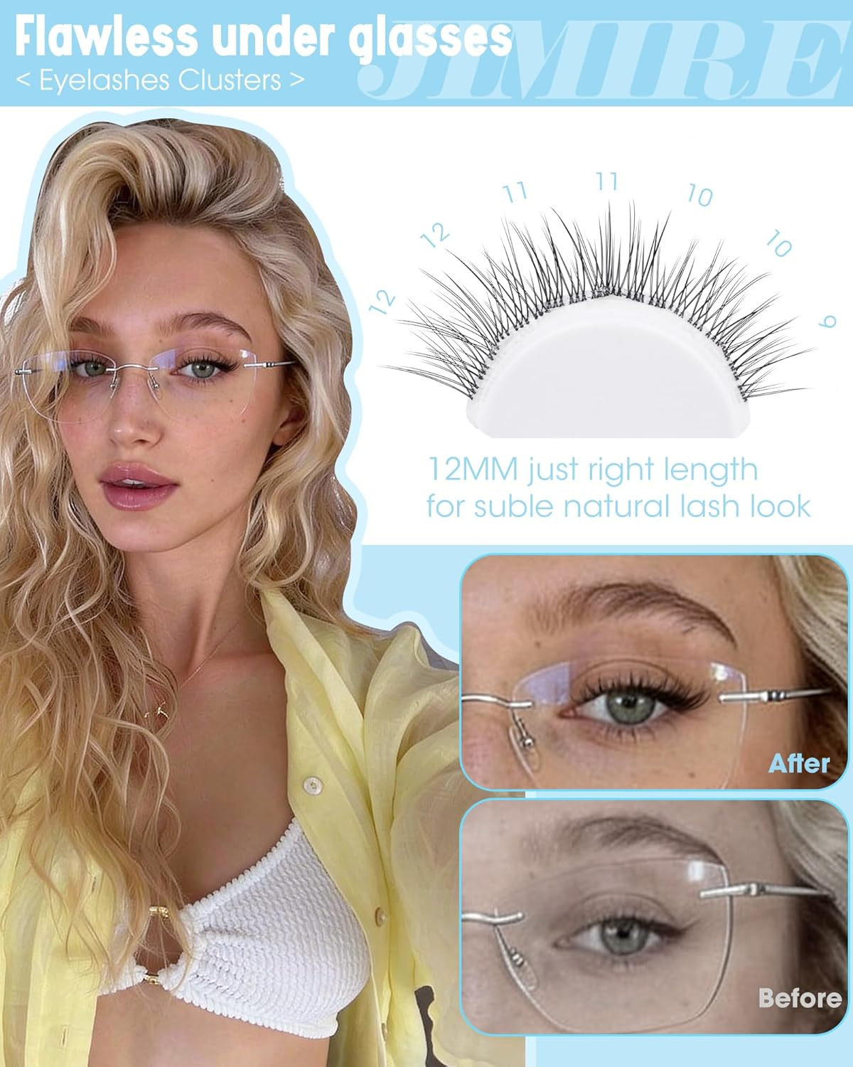 JIMIRE Natural Self Adhesive Eyelashes Wispy Pre Glued Lash Clusters No Glue Needed Press on Lashes Reusable Self Adhesive Lash Clusters Easy to Apply 9-12MM 108Pcs Pack