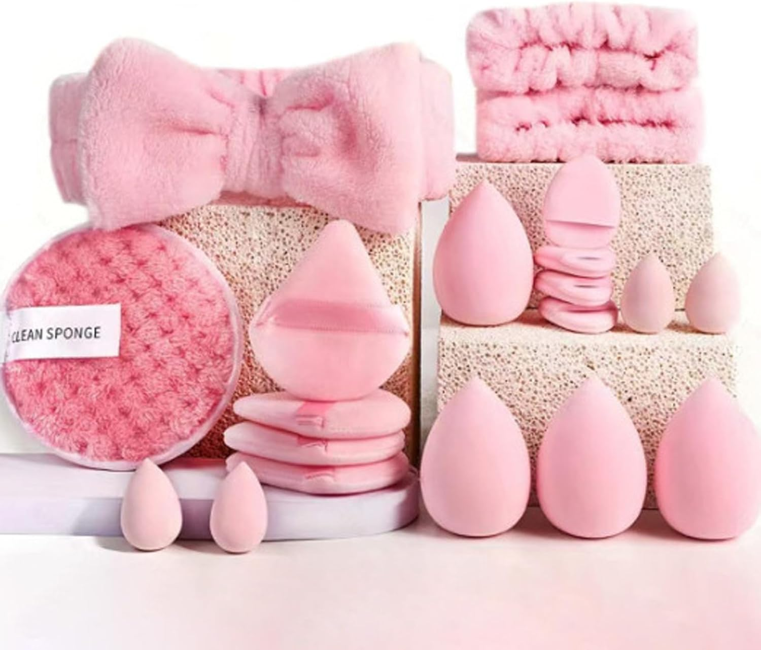 20Pcs Powder Puff and Makeup Sponges Set, Reusable Face Makeup Sponge Blender with Strap, Wet/Dry Use for Foundation & Powder, Fluffy Bow Headband and Wrist Absorbent Wristband, Used for Washing Face and Skincare (Pink) image number 3