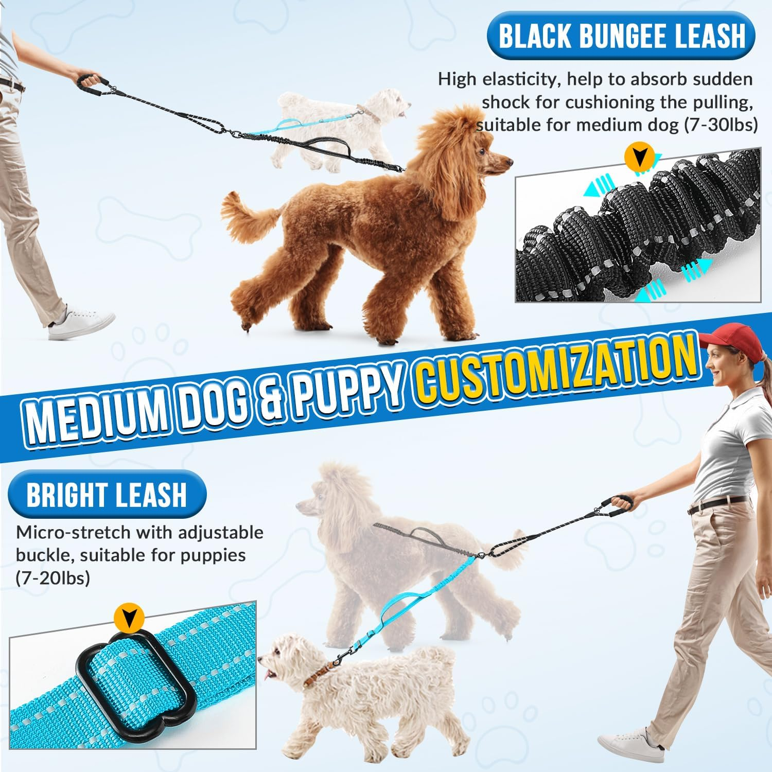 AUTOWT Double Leash for Two Small Dogs, No Tangle 360&deg; Swivel Dual Dog Leashes with 4 Handles, Super Lightweight for Puppy under 20Lbs, Reflective Adjustable Strap and Shock Absorbing Bungee