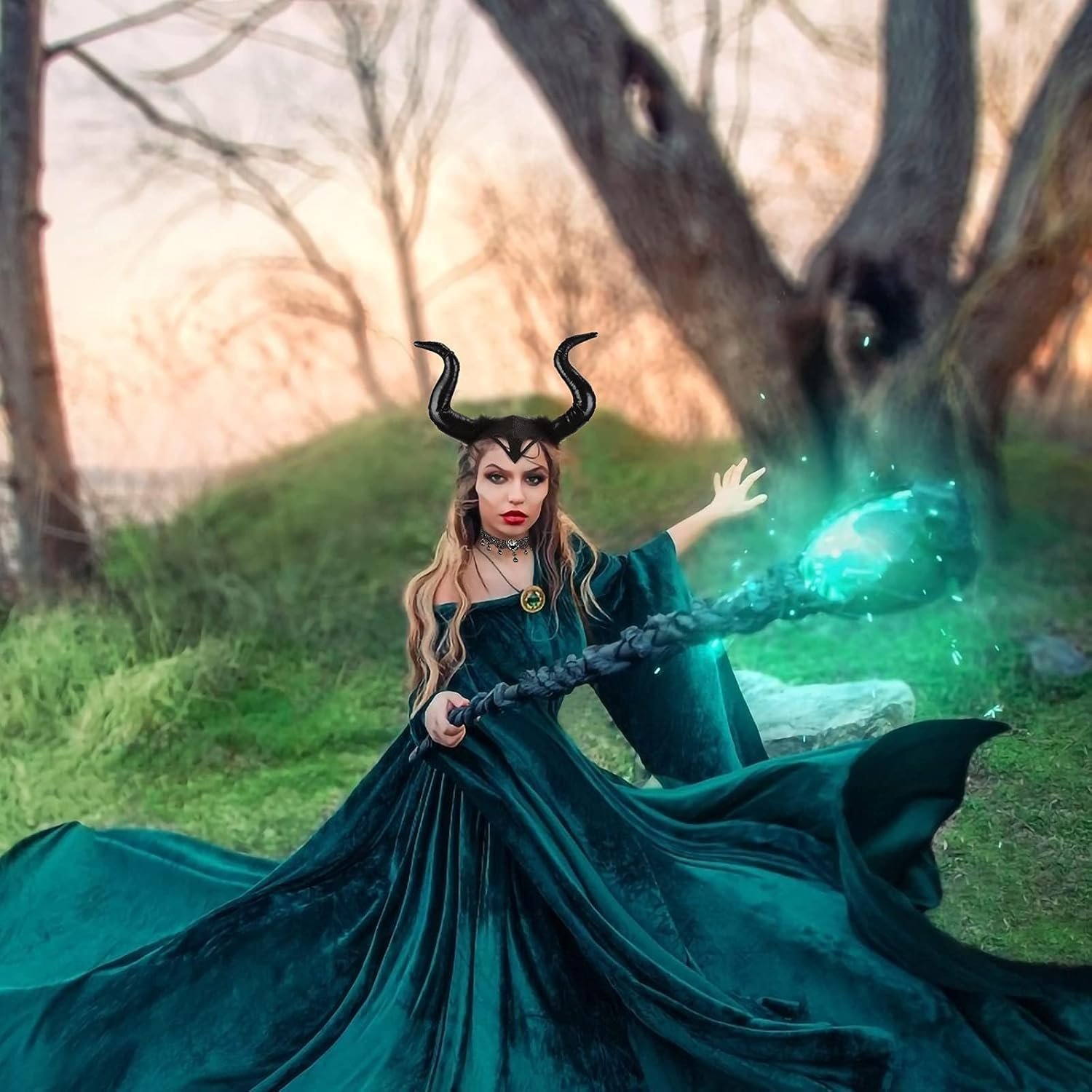 LAMEK 2 X Queen Horns Headpiece Women'S Halloween Headband with Gothic Retro Lace Necklace Devil Horns Costume Evil Headband Black Hairband for Carnival Masquerade Cosplay - B-Black Horns image number 3