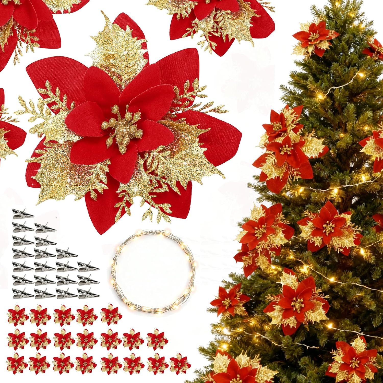 CQLITI 20PCS Artificial Poinsettia with Clips, 5M LED Light, Christmas Decor, Glitter Poinsettia, Red, Plastic, Flowers, Christmas Tree, Wreath, DIY, Xmas, Holiday, Home, Party Decor