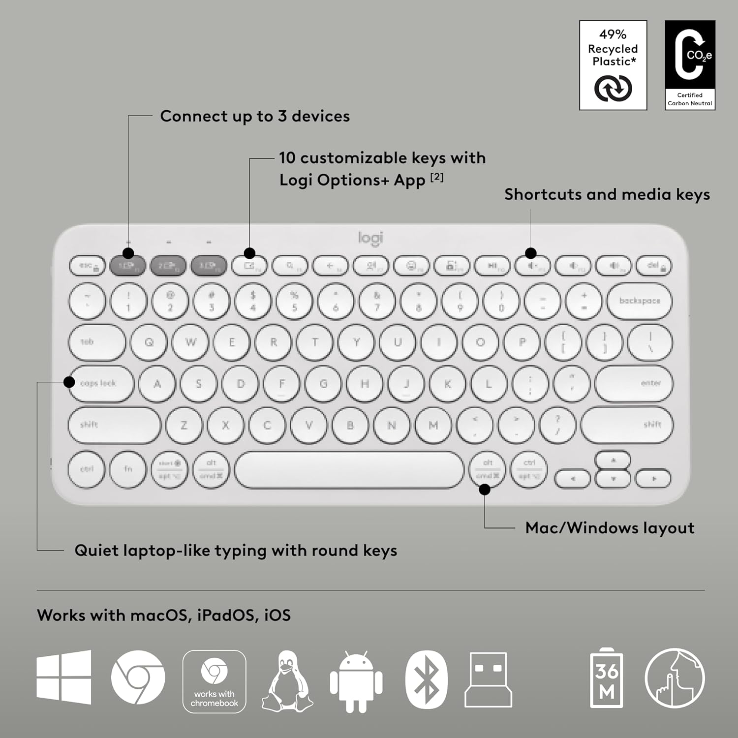 Logitech Pebble 2 Combo, Wireless Keyboard and Mouse, Quiet and Portable, Customisable, Logi Bolt, Bluetooth, Easy-Switch for Windows, Macos, Ipados, Chrome - Tonal White - Sand image number 3