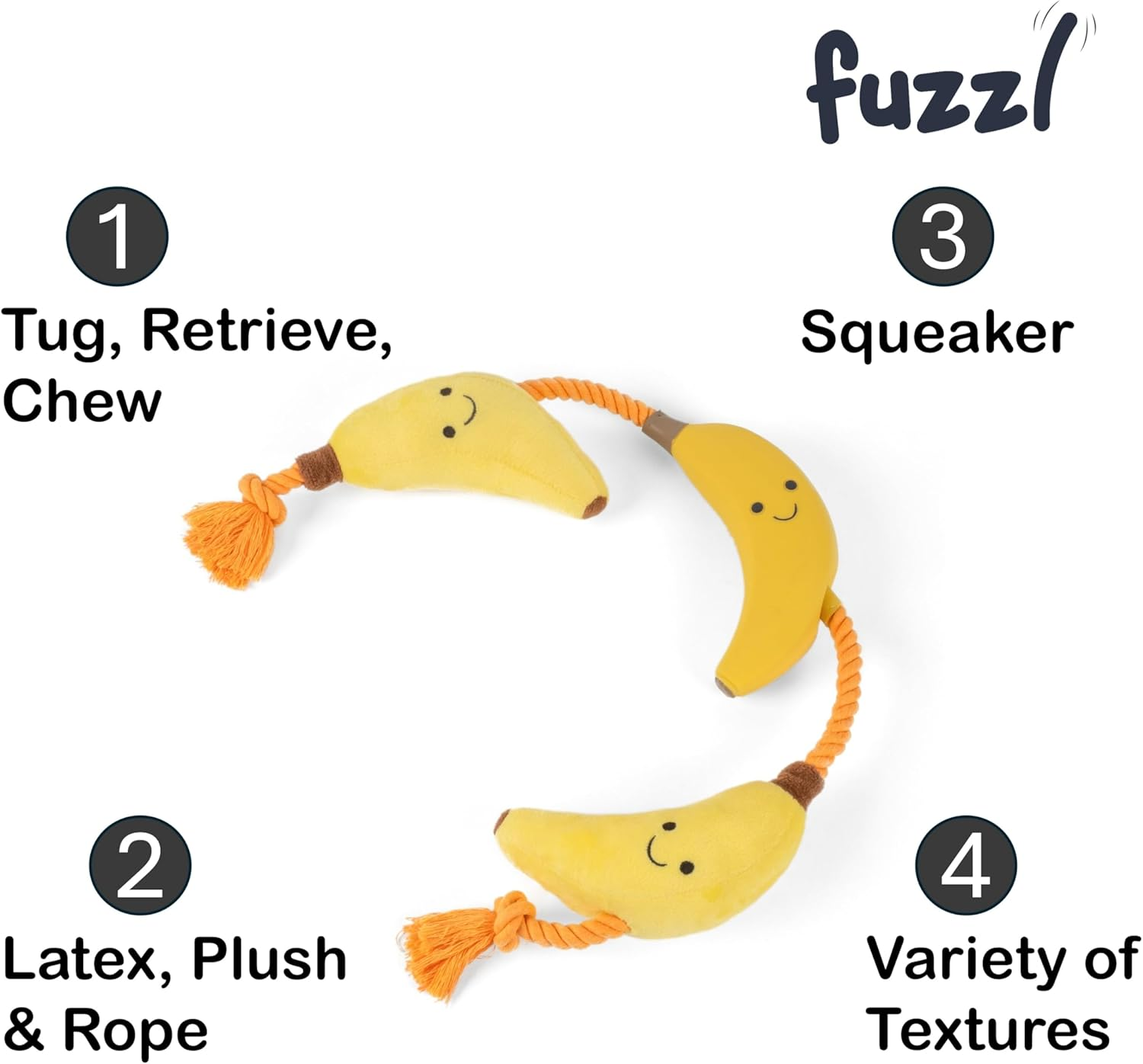 Fuzzl Tugga Bananas Dog Toy - Rope Latex and Plush Dog and Puppy Throw Fetch and Tug with Squeaker image number 1