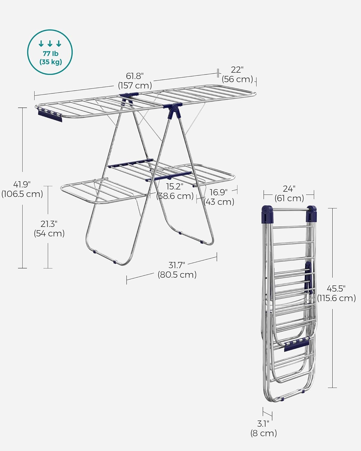 SONGMICS Clothes Drying Rack, Foldable 2-Level Laundry Drying Rack, Free-Standing Laundry Airer, with Height-Adjustable Wings, 33 Drying Rails, Sock Clips, Silver and Blue ULLR53BUV1 image number 1