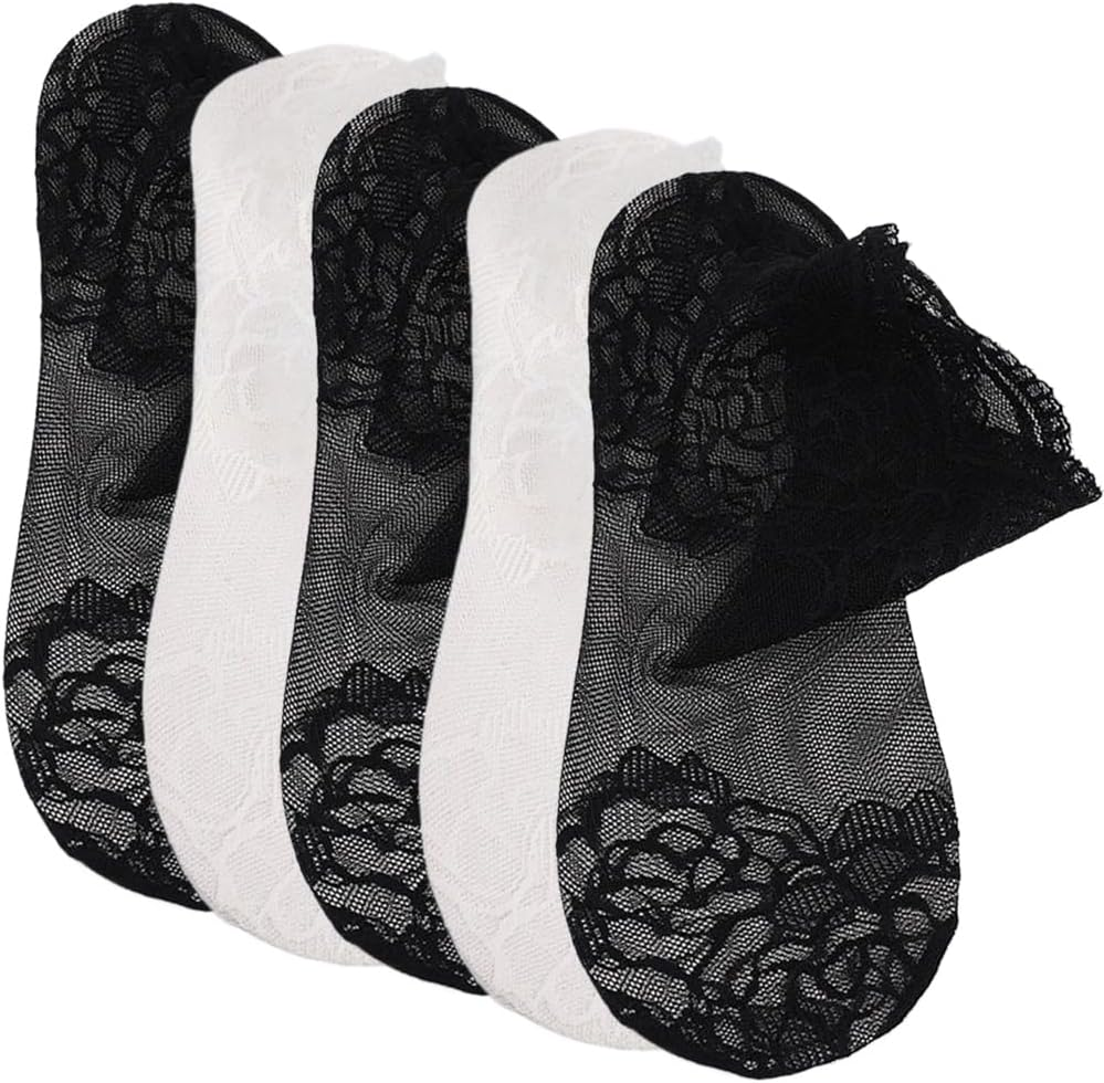 Dress Cici Lace Top Low Cut Socks for Women, Bottom Cotton Ankle Socks, Thin, Breathable, Lightweight Lace Sock (5 Pairs)