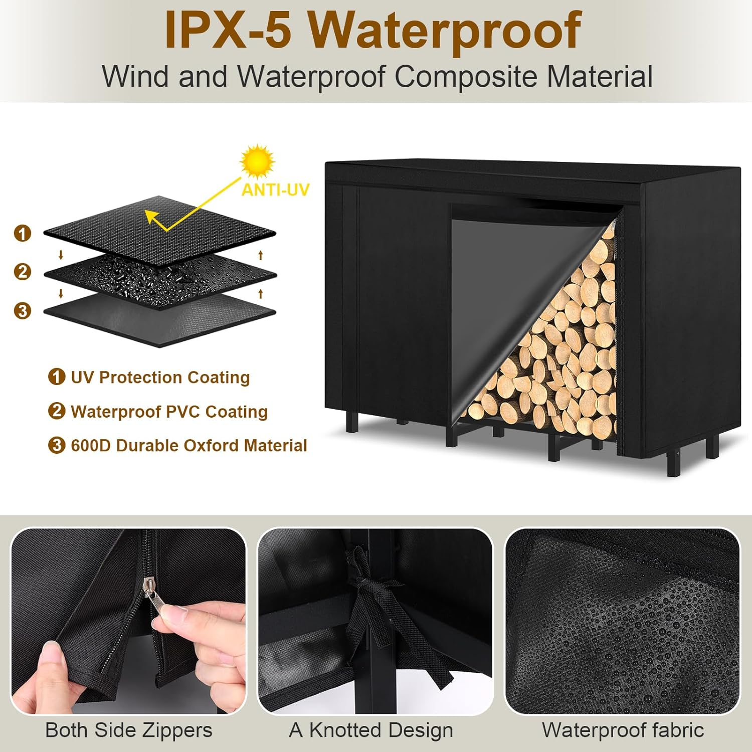 4FT Outdoor Firewood Rack, Wood Storage with 600D Waterproof Oxford Cover Heavy Duty 8 Legs Firewood Log Holder Indoor with Log Carrier, Gloves, and Kindling Hooks for Fireplace Patio Deck Wood Rack image number 5