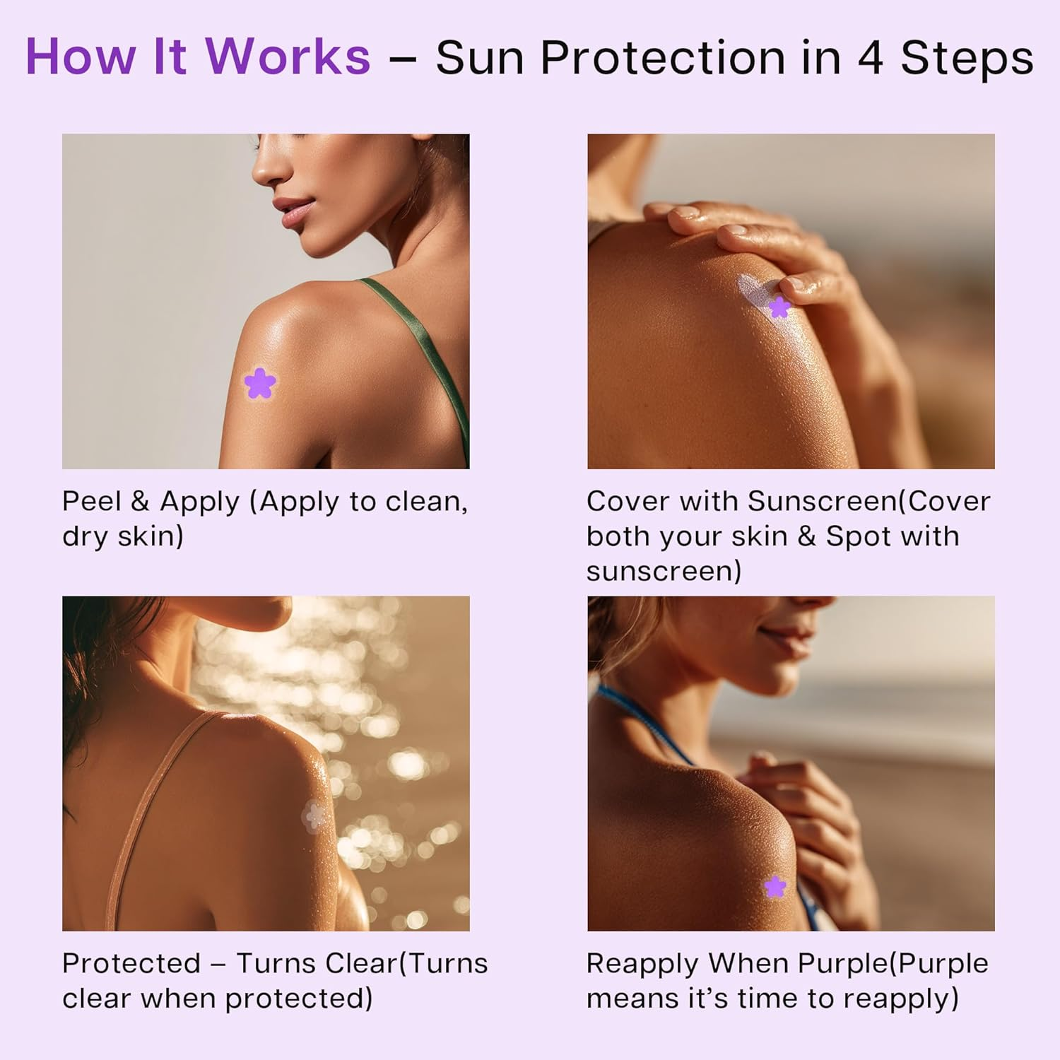 36PCS UV Detector Temporary Tattoos - Color Changing Sunscreen Reminder, Purple UV Stickers Waterproof, Skin-Friendly, Ideal for Beach, Hiking, Camping & Outdoor Sun Protection