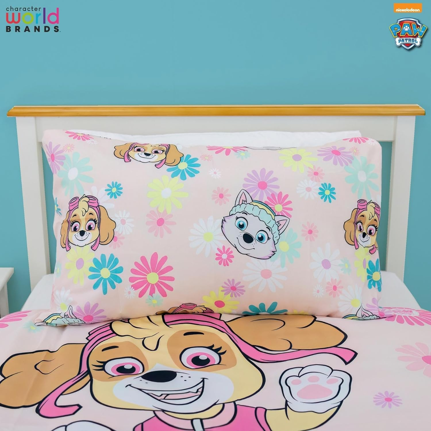 Character World Paw Patrol Official Single Childs Duvet Cover Set | Flowers Design Reversible 2 Sided Bedding Including Matching Pillow Case | Single Bed Set