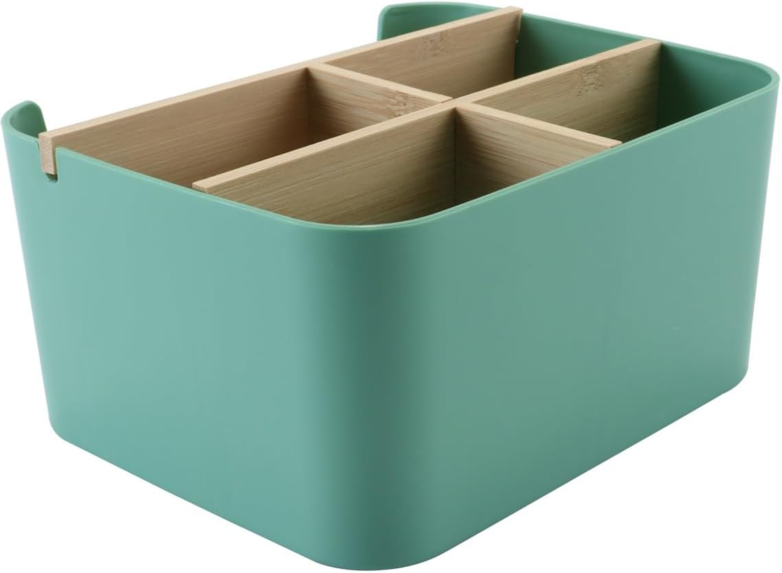 ACOLY Desk Organiser,5 Compartments Detachable Bamboo and Wood Partition Compartment Storage Box with Pen Holder, Storage Box, Desk Organiser(Green) image number 3