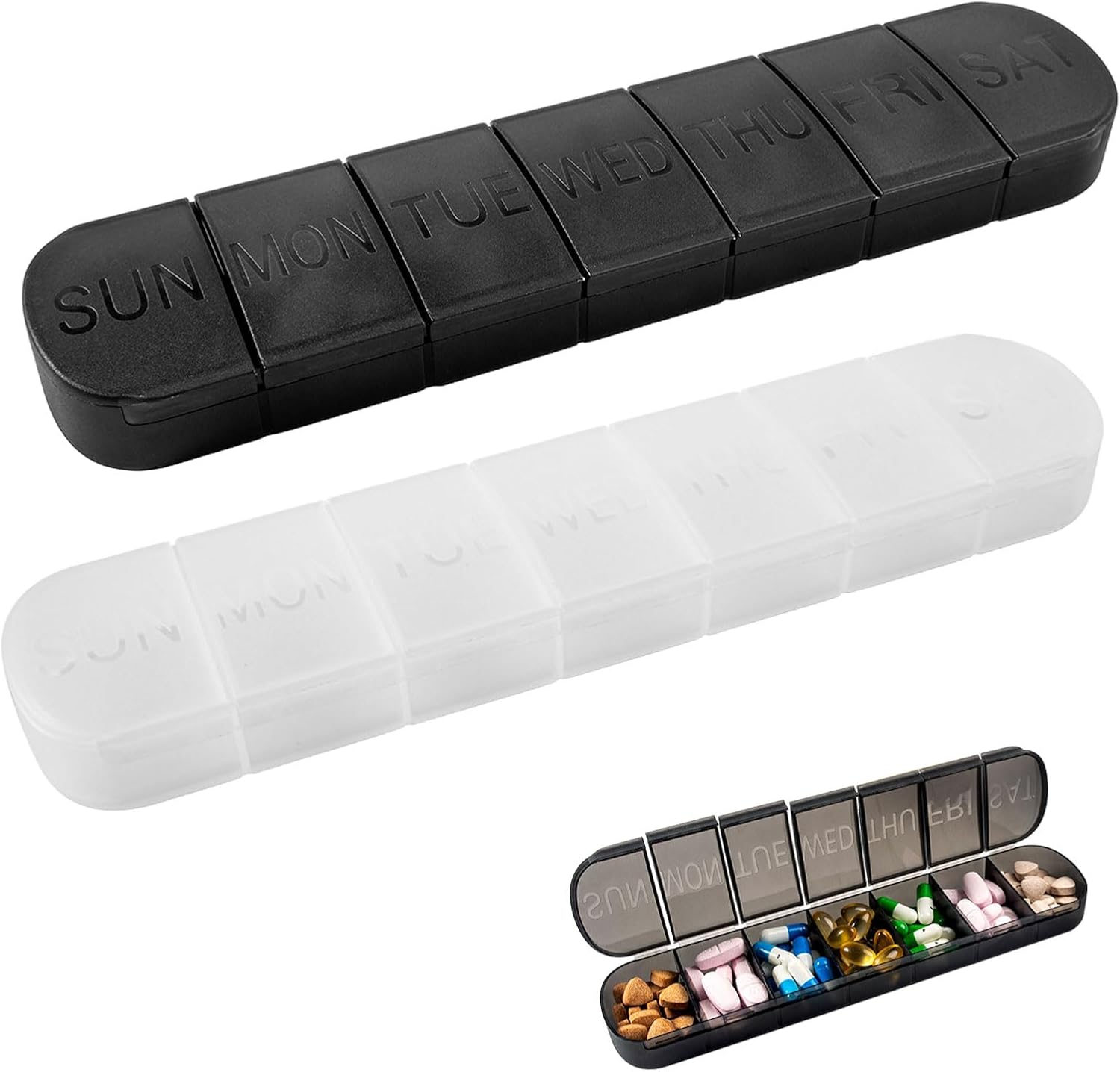 Pill Organiser 7 Day, 2Pcs Tablet Organiser, Medicine Organiser, Weekly Pill Organizer, Travel 7 Days Medicine Box, Plastic Storage Box, Small Pill Container, Vitamin Planner (Black/Transparent) image number 3