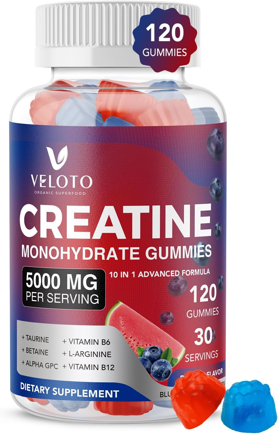 VELOTO Creatine Monohydrate Gummies with Taurine & Alpha GPC, 5000Mg Creatine Gummies Chewables, Ultra Concentration Gummy, Vegan Pre-Workout Supplement, Sugar Free, 120 Count Double Flavor image number 1