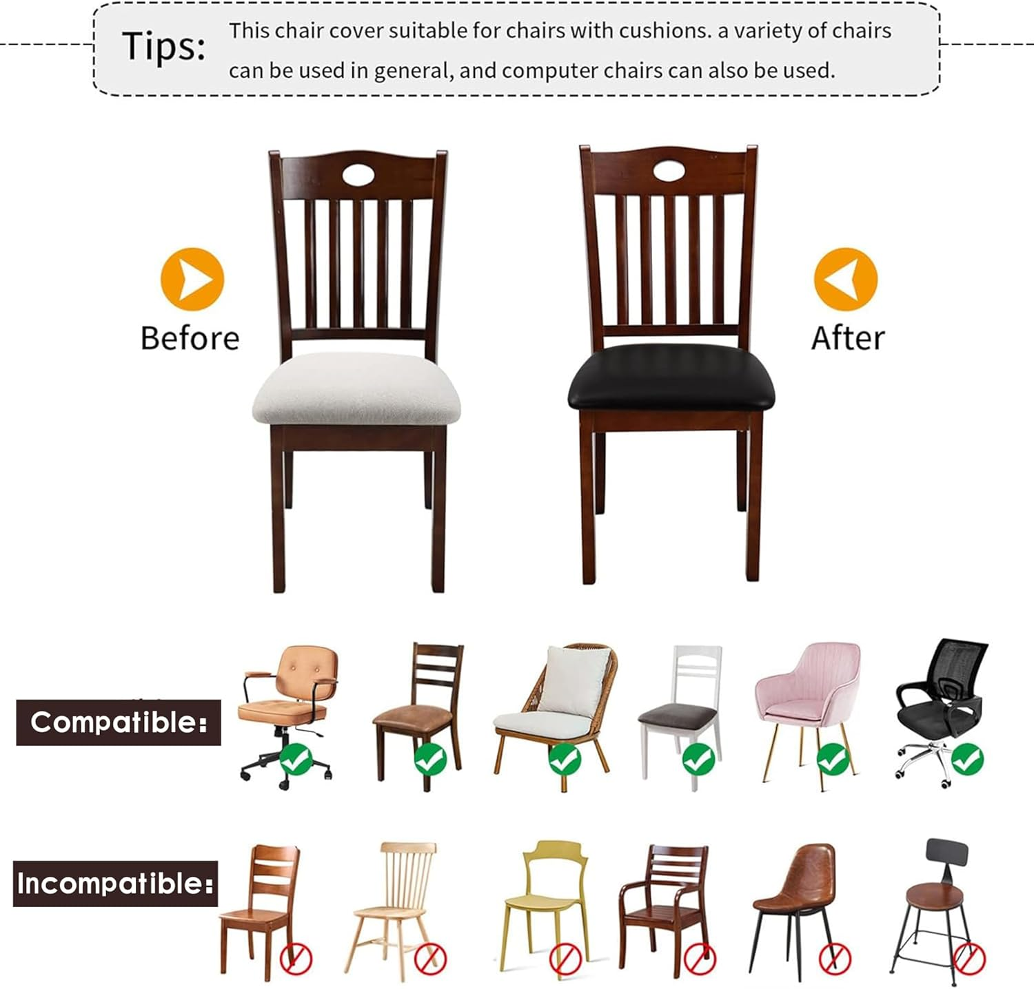 6 PCS PU Leather Dining Chair Seat Covers, Waterproof Stretch Chair Slipcovers, Seat Protectors for Kitchen & Dining Room Chairs (Black) image number 1