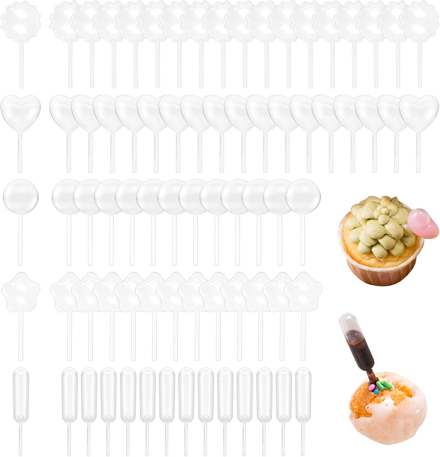 Swpeet 200Pcs 5 Styles 4ML Heart/Round/Star/Rectangular/Gear Mini Squeeze Transfer Cupcakes Pipettes Assortment Kit, Disposable Plastic Droppers for Cupcake Dessert Strawberries Chocolate image number 3