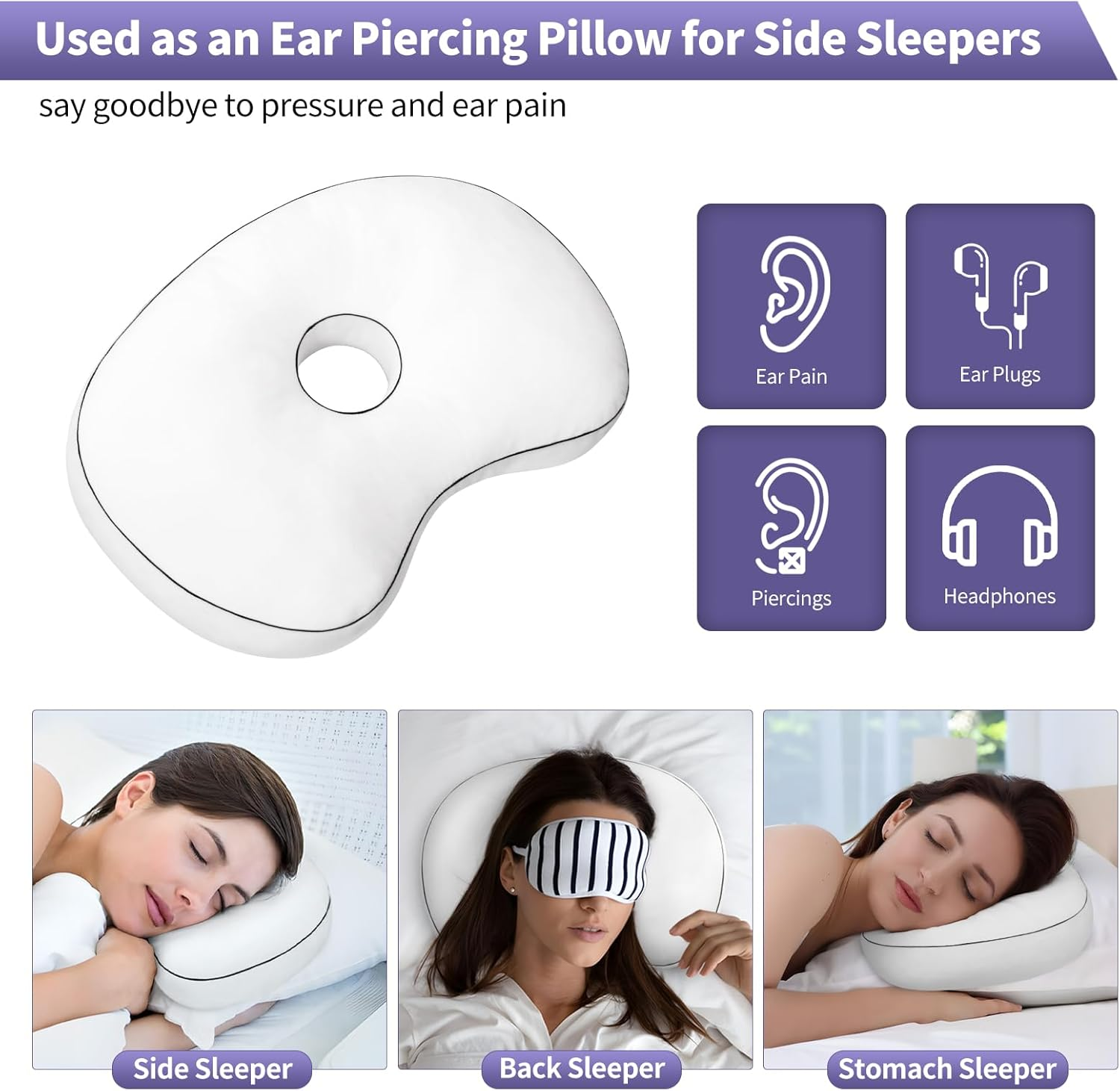 Nockovi Piercing Pillow for Side Sleepers with Ear Hole, 12X18Inch White Velvet Mini Orthopedic Support Pillow for Ear Pain Relief image number 2