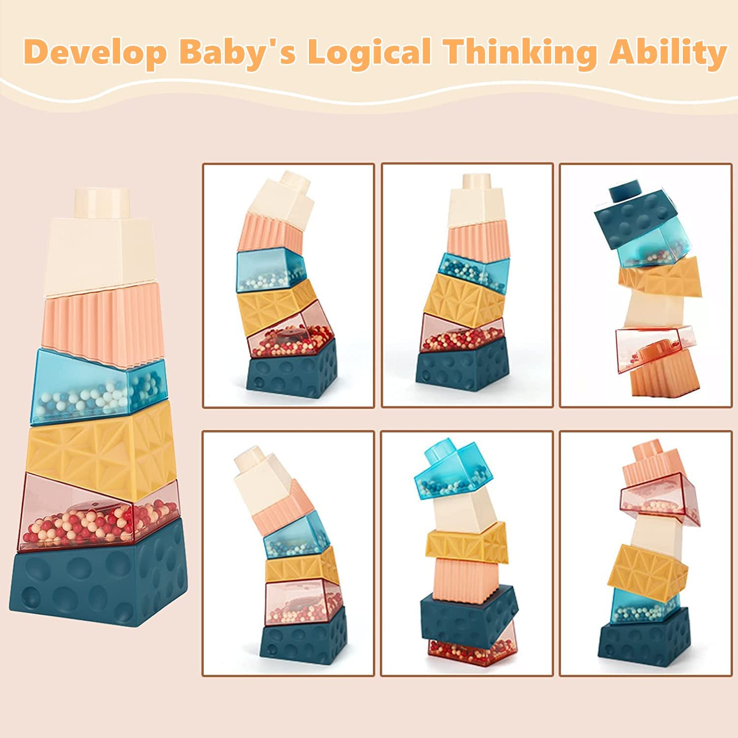 Cube Baby Stacking Toys Stacking Blocks Montessori Toys with Rattle Multi Color Stacking Rings Sensory Toys for Toddlers, 6PCS Stacking Tower Learning Education Boys and Girls image number 4