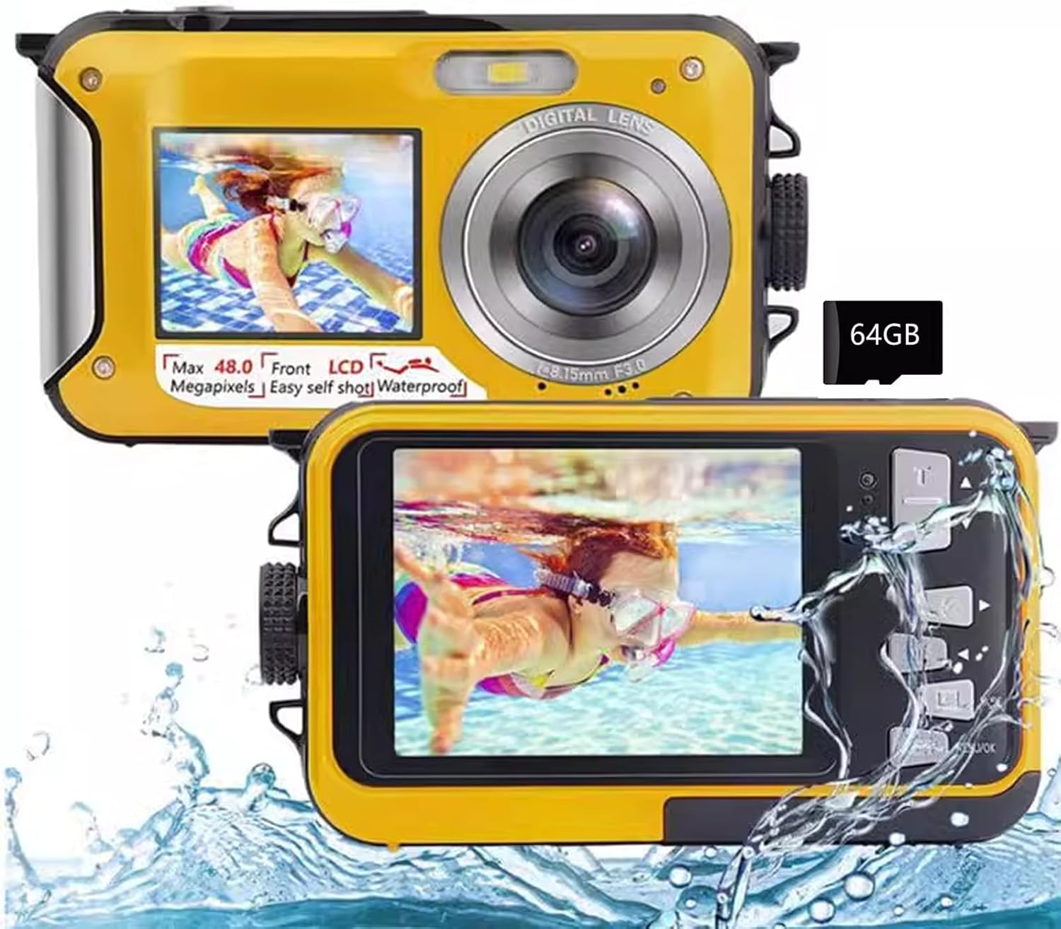 4K 56MP Underwater Camera, 10FT Waterproof Camera Dual-Screen Selfie Camera with 64GB TF Card, Auto Focus, 16X Digital Zoom, for Snorkeling (Blue)