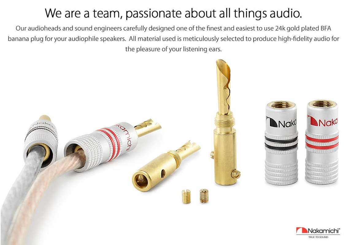 Nakamichi Excel Series 24K Gold Plated Banana Plug 12 AWG - 18 AWG Gauge Size 4Mm Speakers Amplifier Hi-Fi AV Stereo Home Theatre Audio Wire Cable Screw Connector (2 Pcs (1-Pair), BFA Plug)