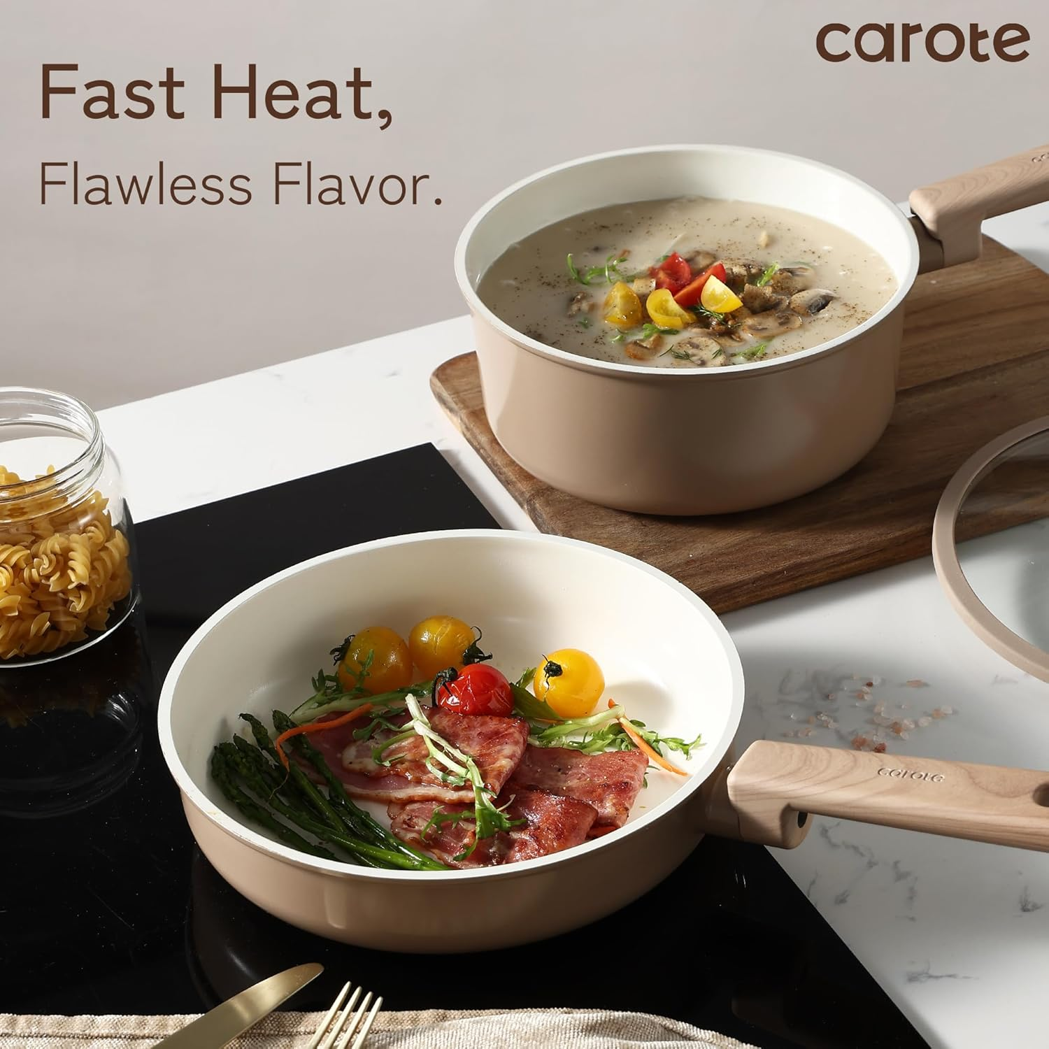 CAROTE 12Pcs Ceramic Pots and Pans Set Non Stick, Healthy Cookware Set, PFAS/PFOA Free, Kitchen Cooking Set with Frying Pans, Taupe image number 3