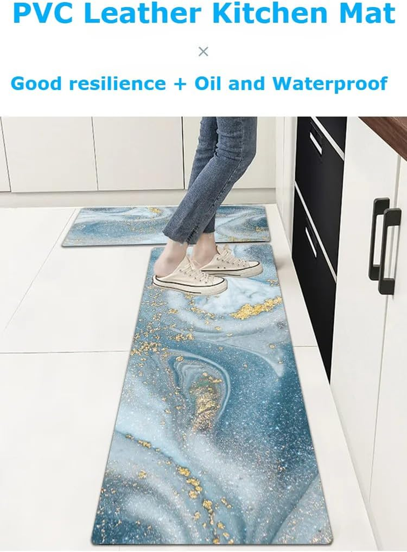 2 Pieces Non Slip Cushioned Kitchen Floor Mat Set,Marble Pattern with Gold Accents, 5Mm Thick PVC Non-Slip Waterproof Kitchen Rugs, 45X75Cm+45X120Cm, Light Blue image number 6