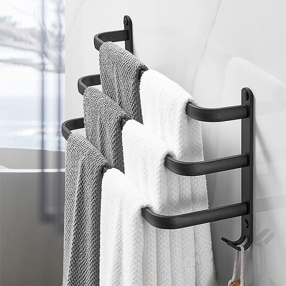3-Tier Wall-Mounted Bath Towel Rack &ndash; 40 CM Ladder-Style Towel Holder with 2 Hooks, Stainless Steel Bathroom Towel Bar, Durable Black Finish image number 2