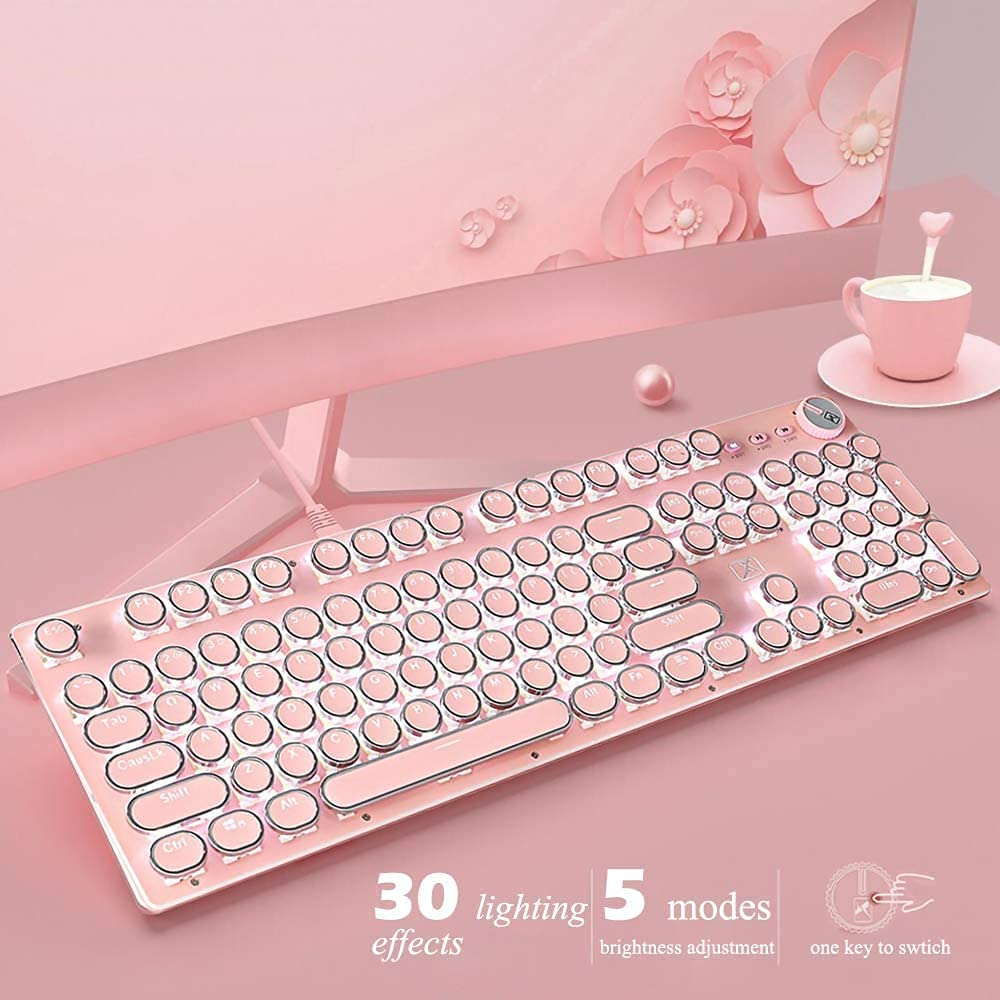 Gaming Keyboard and Mouse,Retro Steampunk Vintage Typewriter-Style Mechanical Keyboard with White LED Backlit,104-Key Anti-Ghosting Blue Switch Wired USB Metal Panel round Keycaps(Pink)