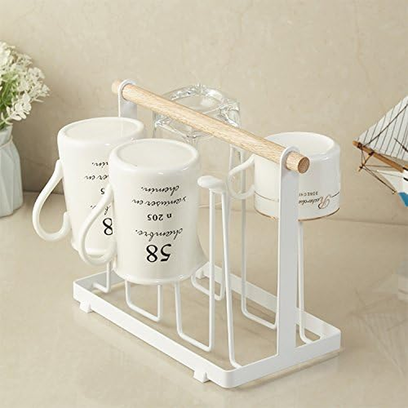 DACUAN 1 Wrought-Iron Water Cup Drain Rack, Non-Slip Bottle Drying Rack, Drain Rack, Bench Cup Holder, White Wooden Mug image number 2
