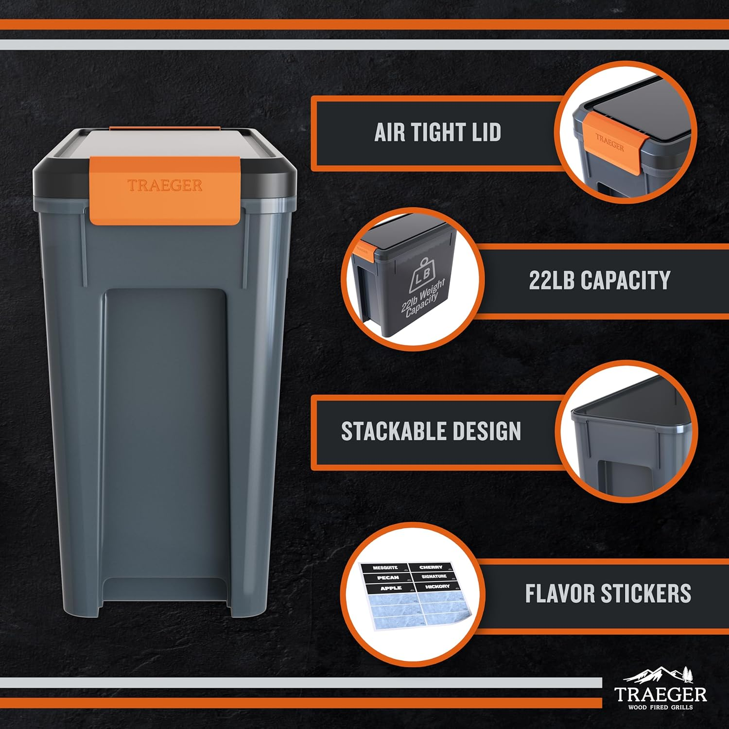 Traeger Grills BAC637 Stay Dry Pellet Storage Bin with Locking Lid, 22Lb Capacity Wood Pellet Container with Flavor Stickers, Stackable Design, Airtight Storage for Grill Pellets image number 1