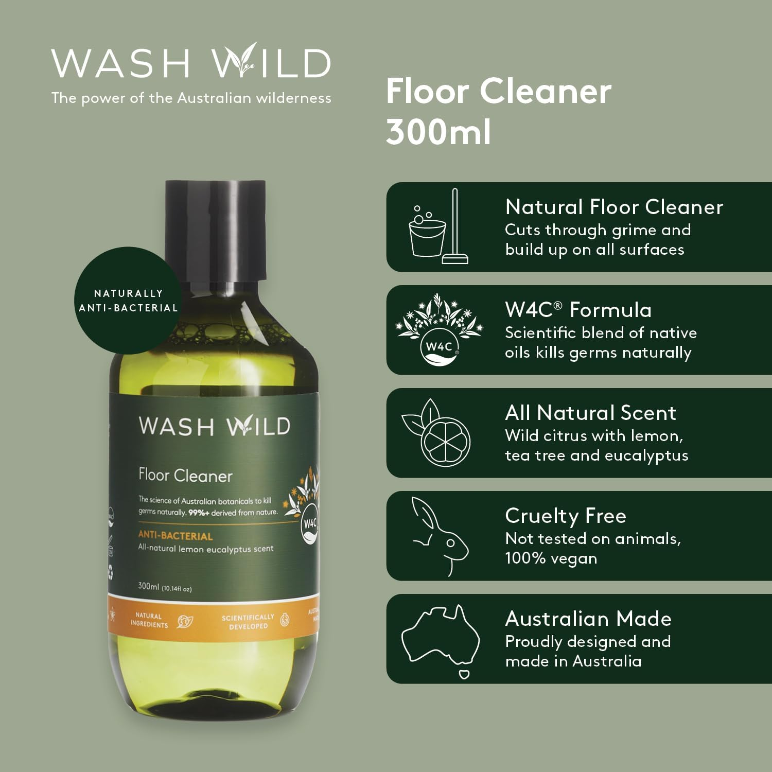 Wash Wild Floor Wash 300Ml, Natural Lemon Eucalyptus Scent, Concentrated & Non-Toxic, Safe on All Surfaces