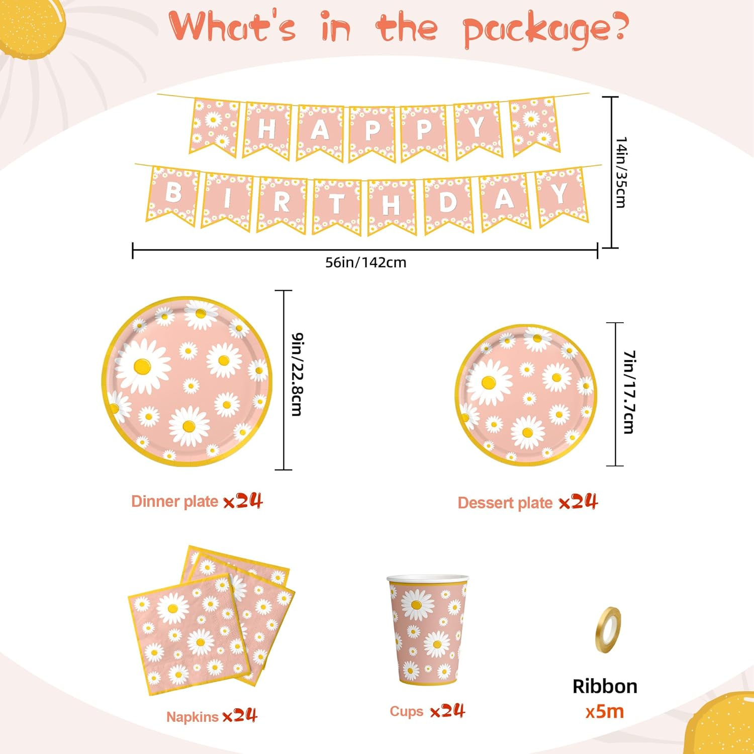 Daisy Birthday Party Decorations Flower Daisy Paper Plates Napkins Cups Banner for Daisy Groovy Boho Retro Hippie Party Supplies Daisy Baby in Bloom Baby Shower Girl Birthday Party Supplies image number 4