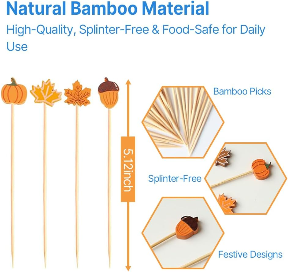 100 Pcs Fall Cocktail Picks - Pumpkin, Maple Leaf & Hazelnut Bamboo Toothpicks for Appetizers, Drinks, Charcuterie, Halloween & Thanksgiving Party Food Decorations image number 1