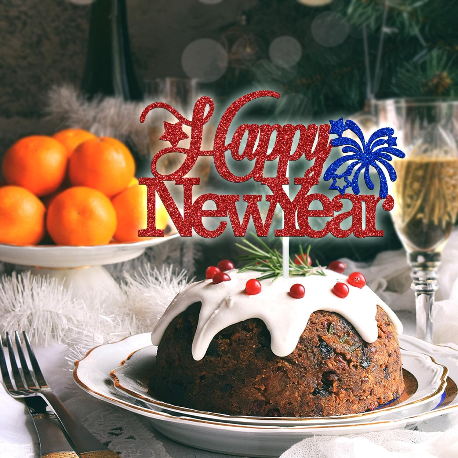 Happy New Year Cake Topper - Winter Xmas Holiday Cake Decor, Merry Christmas Santa Hello 2024 New Year Eve Party Decorations Supplies, Red and Blue Glitter