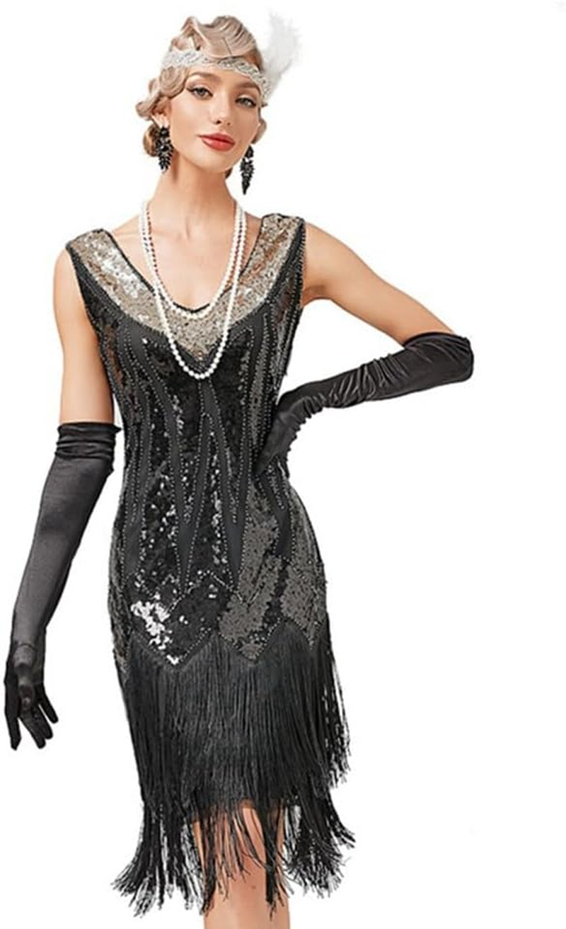 AUTOWT 1920S Women'S Flapper Dresses, V Neck Beaded Fringed Great Gatsby Roaring 20'S Costume Dress for Halloween Christmas Theme Party image number 2