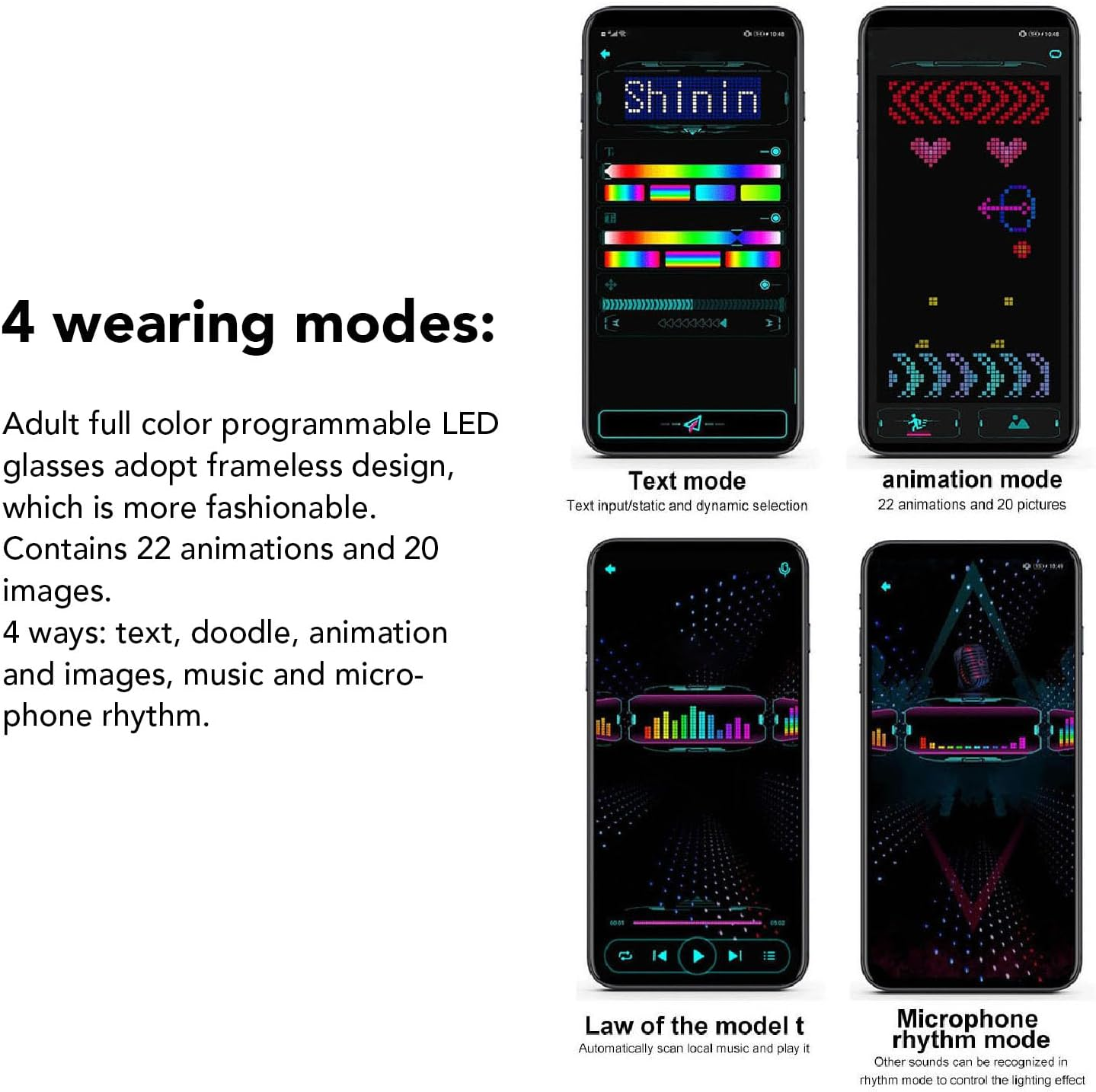 Light up Glasses, 4 Modes 22 Animations 20 Images 10 Languages APP Control BT Full Color USB Rechargeable LED Glowing Glasses, Light up Sunglasses Rave Glasses for Parties image number 6