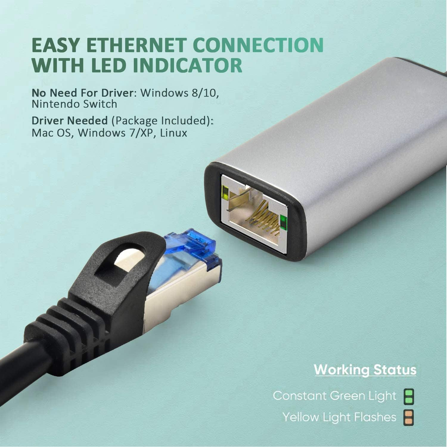 USB3.0 and Ethernet Adapter,Usb to RJ45 Gigabit Ethernet Adapter,Compatible with USB 3.0 or Thunderbolt 3 to RJ45 LAN Network Adapter for Macbook Pro/Air,Ipad Pro,Dell Xps,Notebook,Surface Pro,Pc.