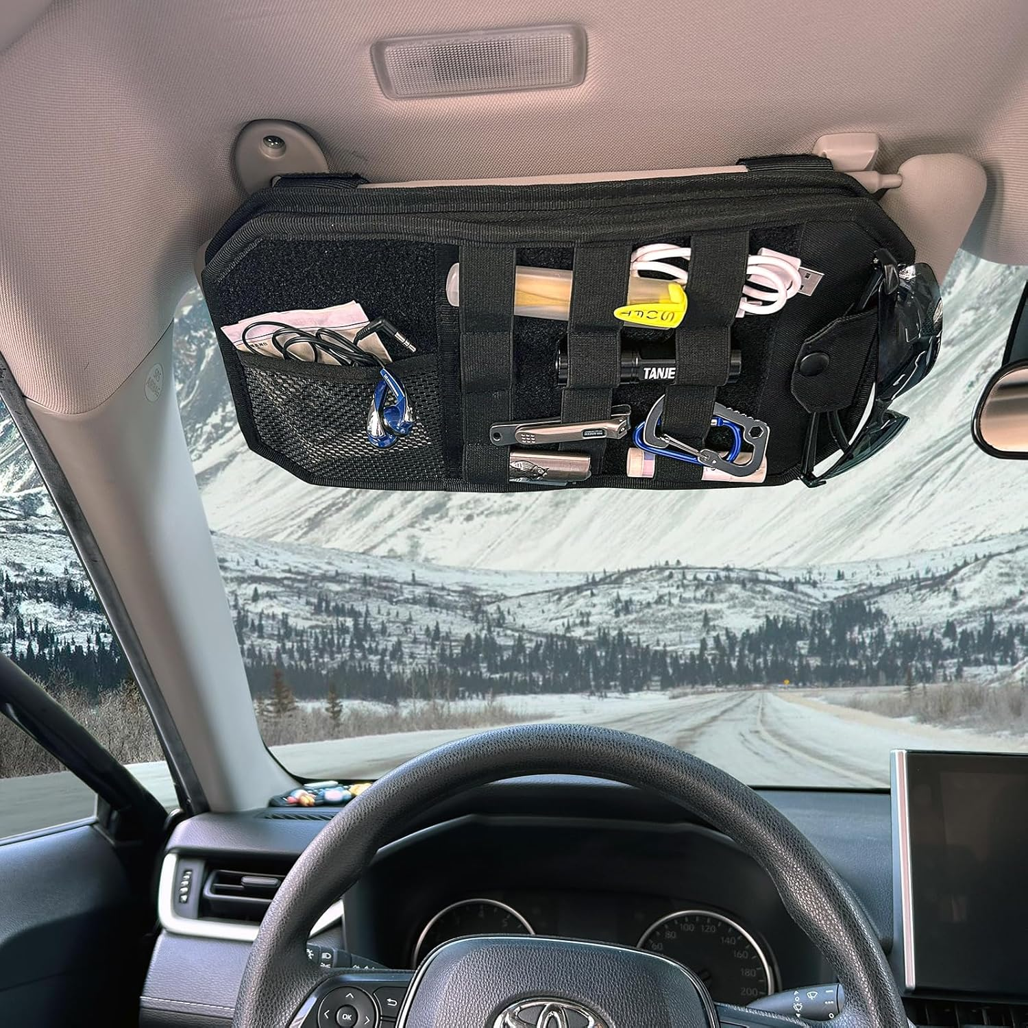 Molle Car Visor Organiser, Ultra-Slim Dashboard Storage Pouch with Elastic Loops & Mesh Pocket for Cards, Pen, Flashlight - Universal Fit for Cars, SUV, Trucks and More