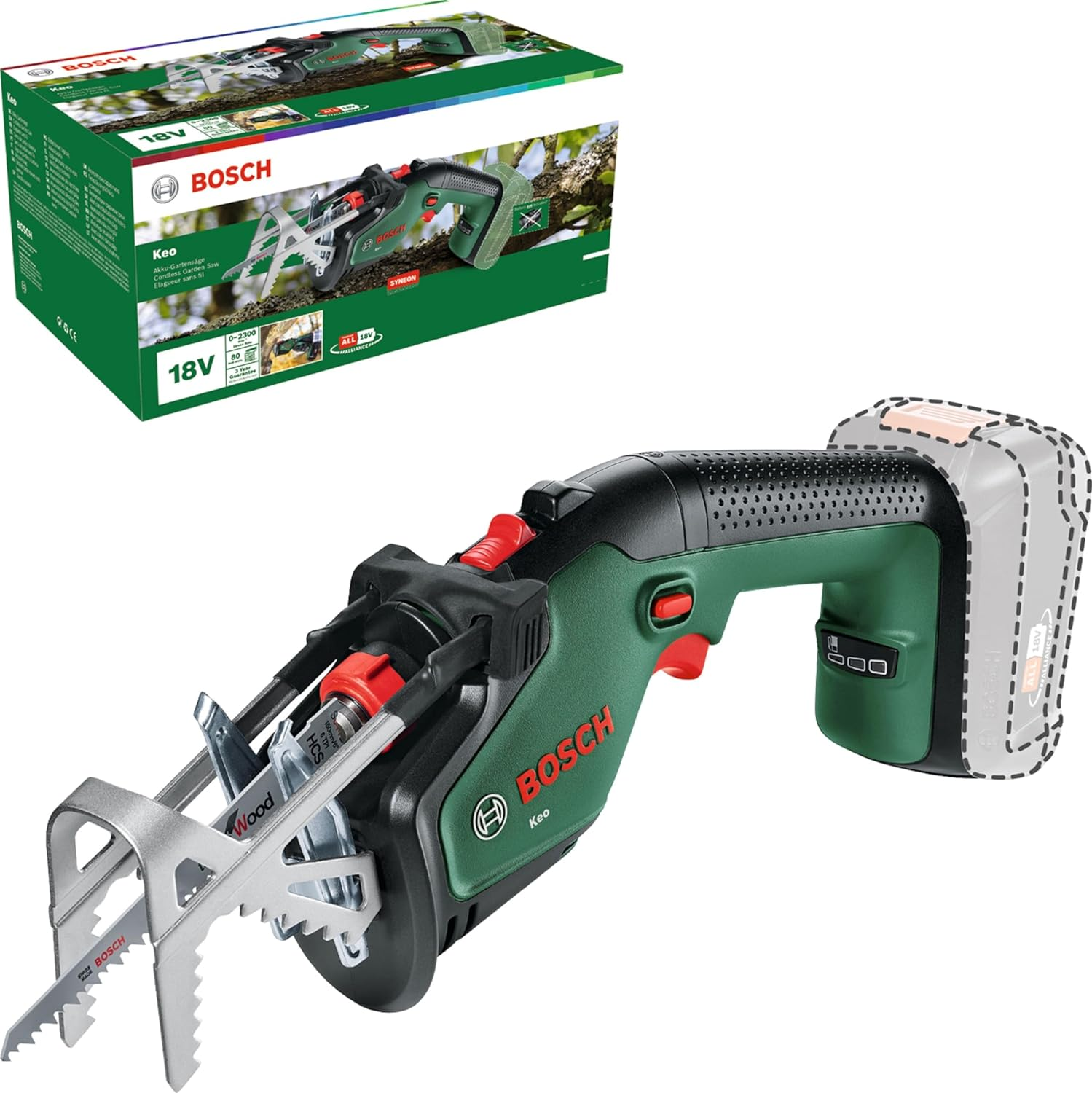 Bosch Home & Garden 18V Cordless Garden Pruning Saw without Battery, 1 X Swiss Precision Wood Blade Included, Cutting Diameter 80 Mm (KEO 18V). Made in Europe