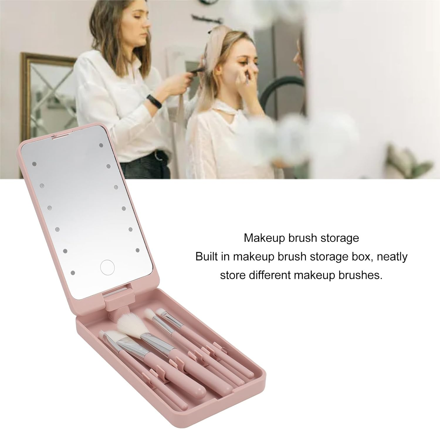 Travel Makeup Brush Set with LED Light Mirror, Cosmetic Makeup Brushes Kit with Holder Case and Mirror, Cosmetic Brushes Kit with Rotatable Foldable LED Mirror for Home Dormitory image number 4