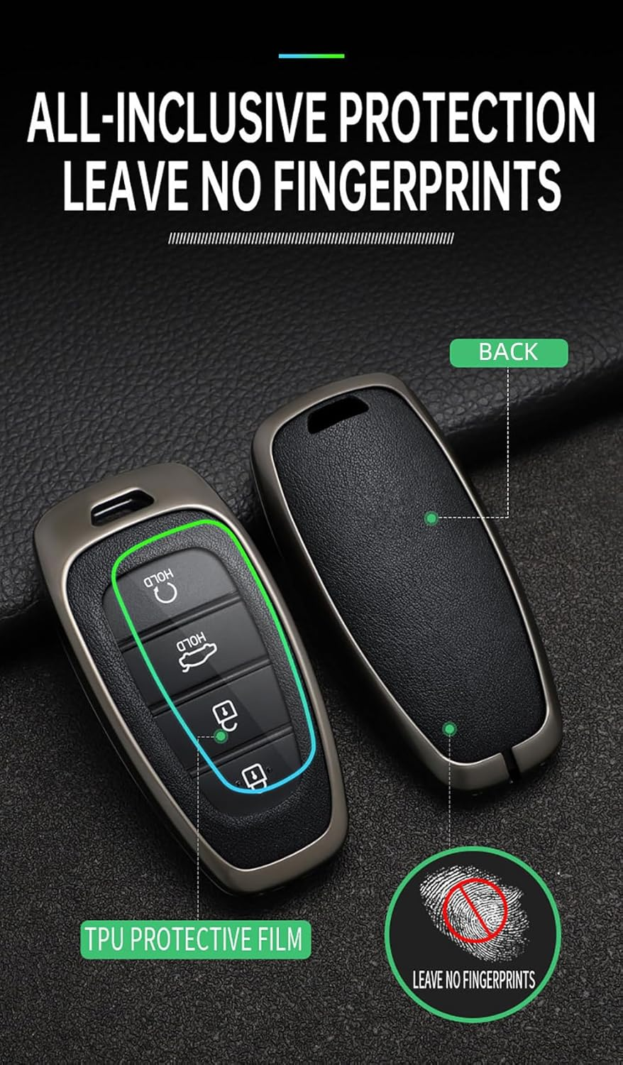 Ontto Alloy Car Key Fob Cover Fit for Hyundai Solaris Sonata Hybrid Nexo NX4 New Grand Santa Fe Tucson 2021 2022 2023 Leather Key Case Shell Key Holder Keyring Keychain Accessories Black image number 2