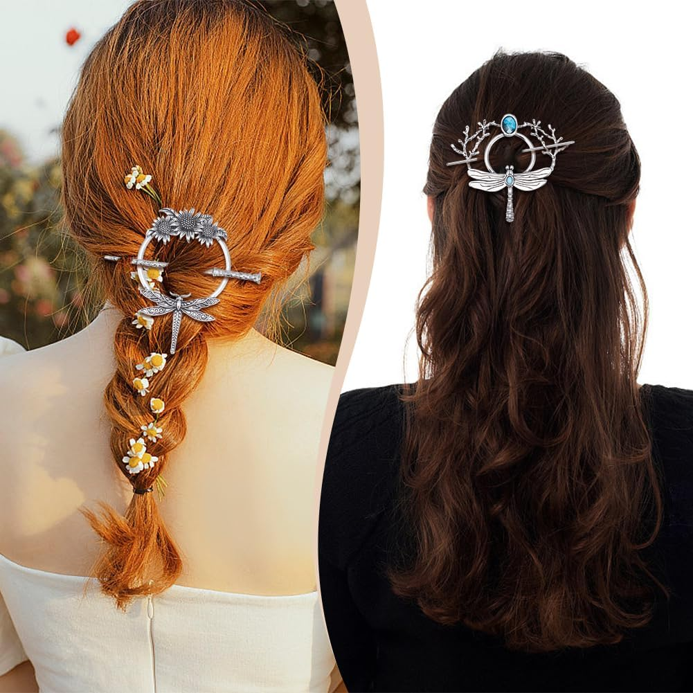 WEBEEDY 3 Styles Vintage Silver Hairpin Dragonfly Butterfly Sunflower Moon Hair Pins round Alloy Hairpin Viking Retro Barrettes for Women Long Hair Accessories,Valentine'S Day Gifts,8.7Cm image number 2