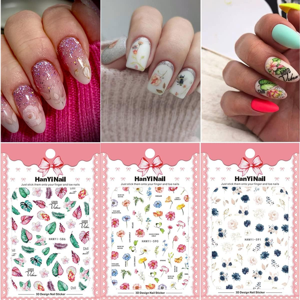 Flower Nail Art Stickers Decals, Watercolor Royalblue White Flowers 3D Nail Stickers 6PCS Butterfly Floral Leaves Nail Decals for Acrylic Nails Summer Nail Art Decorations Supplies Manicure Decor Tips image number 5