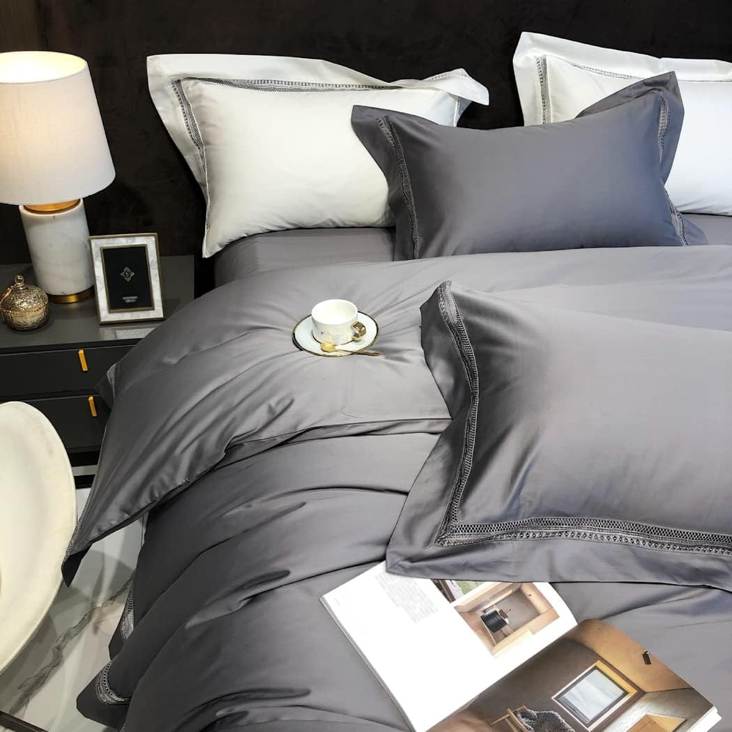 Modern Minimalist Hollow Edge Long-Staple Cotton Four-Piece Set Cotton Cotton Solid Color Quilt Cover Bedding,Black,2000 * 2300Mm image number 1