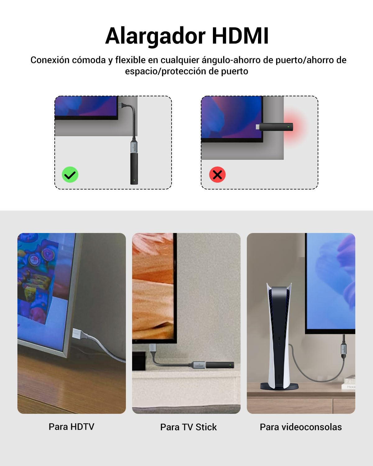 VCELINK 8K HDMI Extension Cable 0.6 FT, HDMI 2.1 Extender Cord Male to Female Adapter, Compatible with Roku TV Stick, HDTV, Game Console, Laptop, 1-Pack image number 2