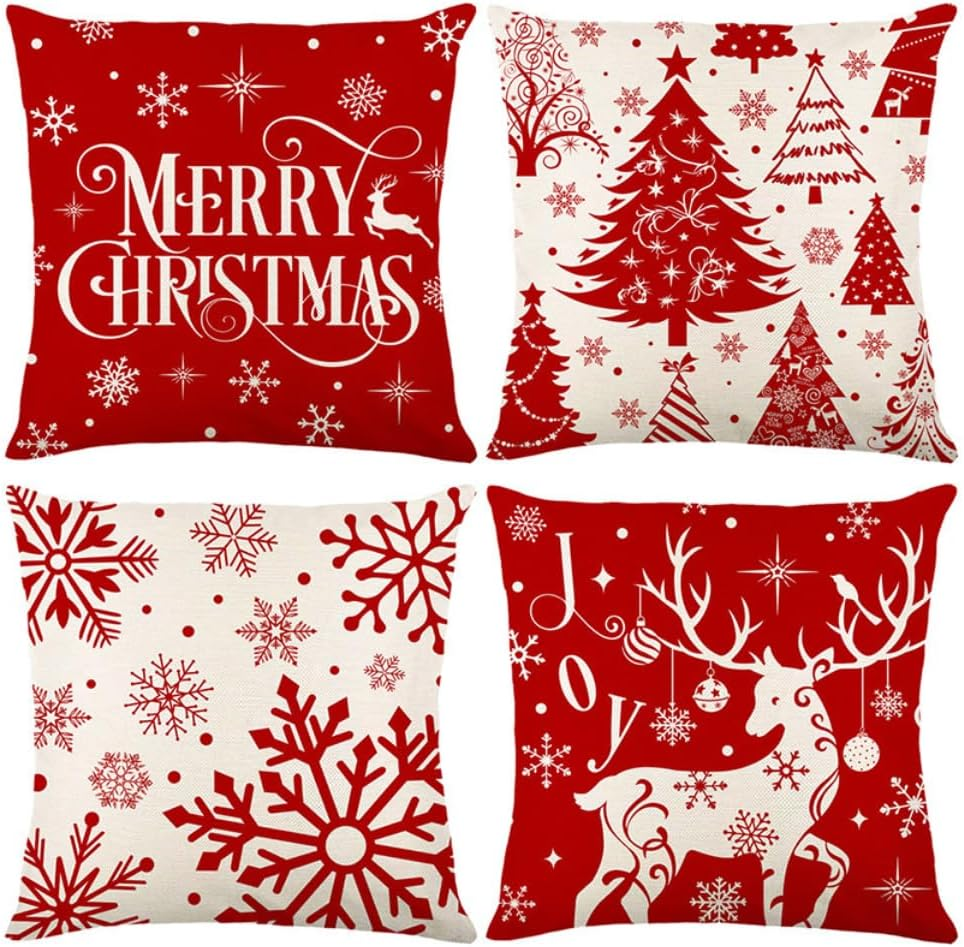 Christmas Cushion Covers 18X18 Inch, 4 Pack Pillow Covers Christmas Tree Snowflake Reindeer Santa Claus Linen Throw Pillow Cases for Home Decor, Bedroom, Sofa Christmas Decor New
